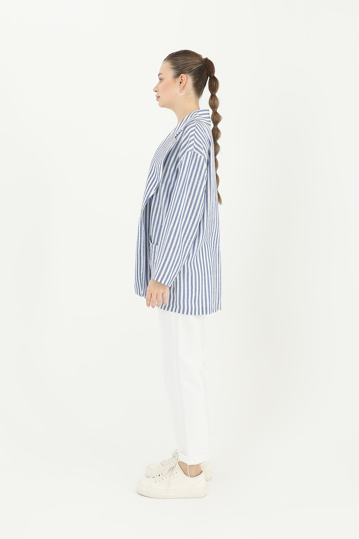 Kadın Çizgili Keten Ceket - 10433CKT