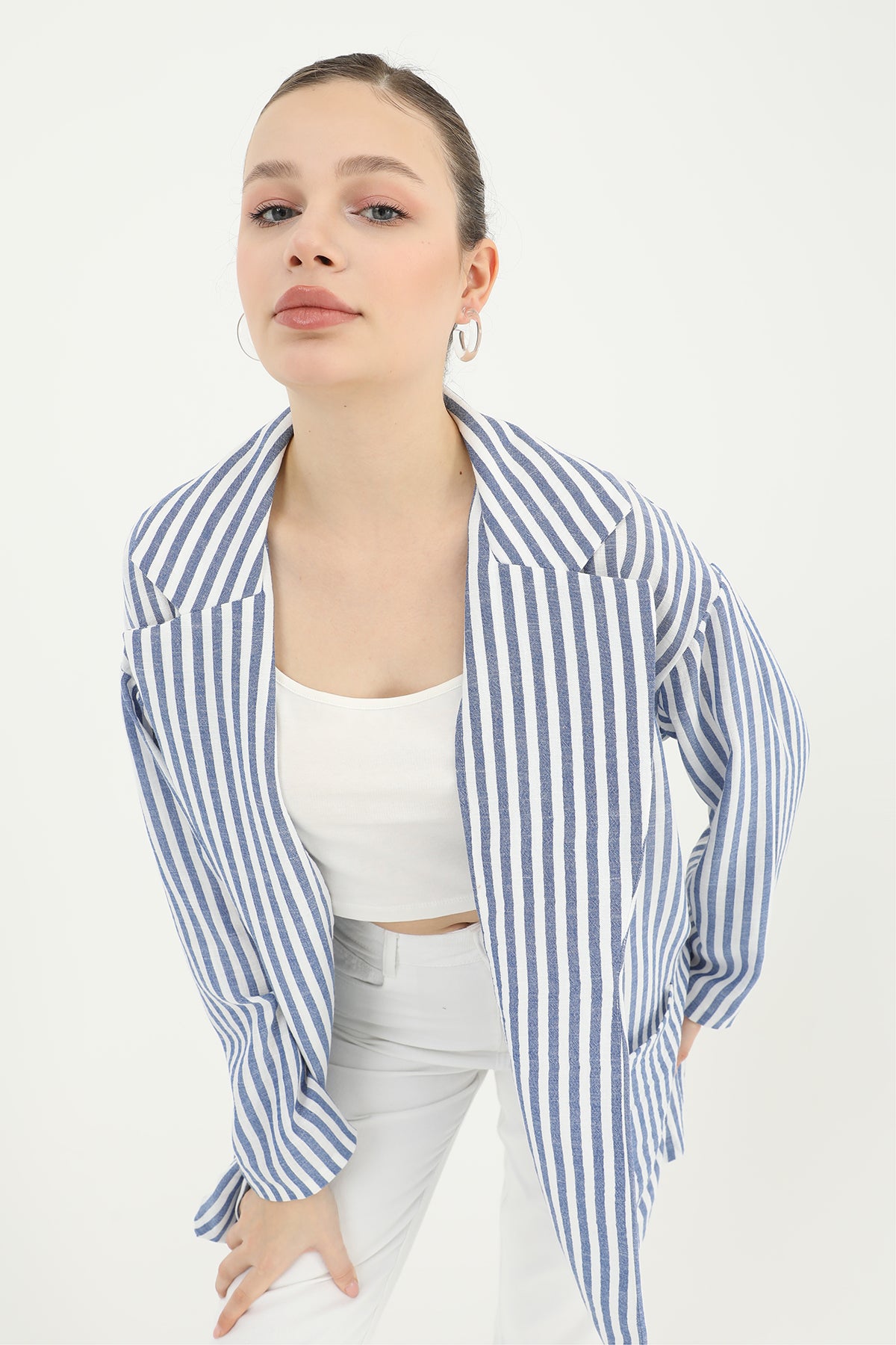 Kadın Çizgili Keten Ceket - 10433CKT