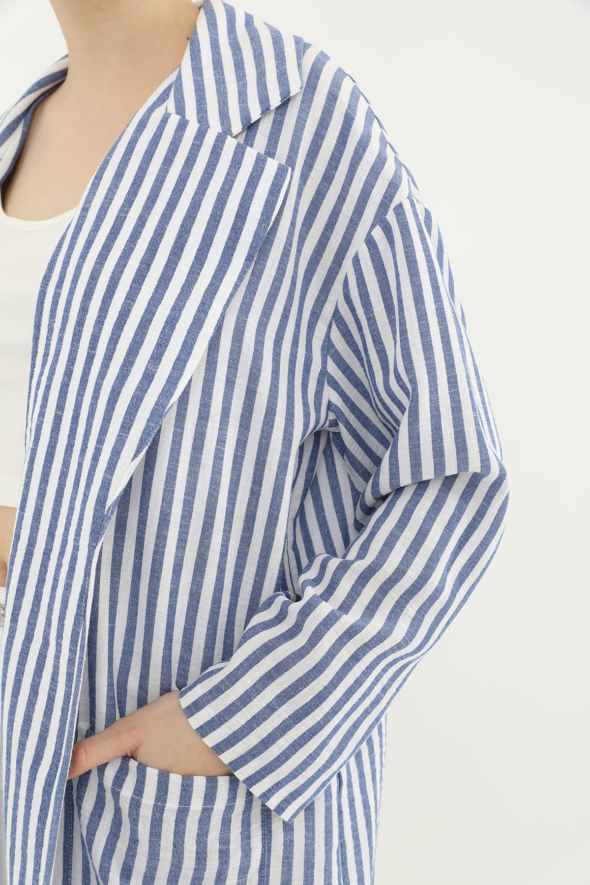 Kadın Çizgili Keten Ceket - 10433CKT