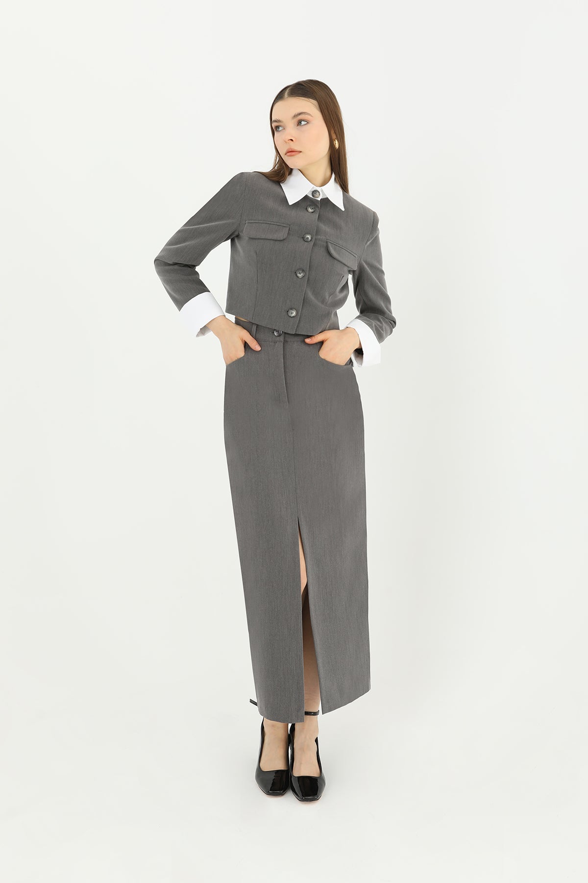 Kadın Önü Yırtmaçlı Kumaş Etek - 31607ETK