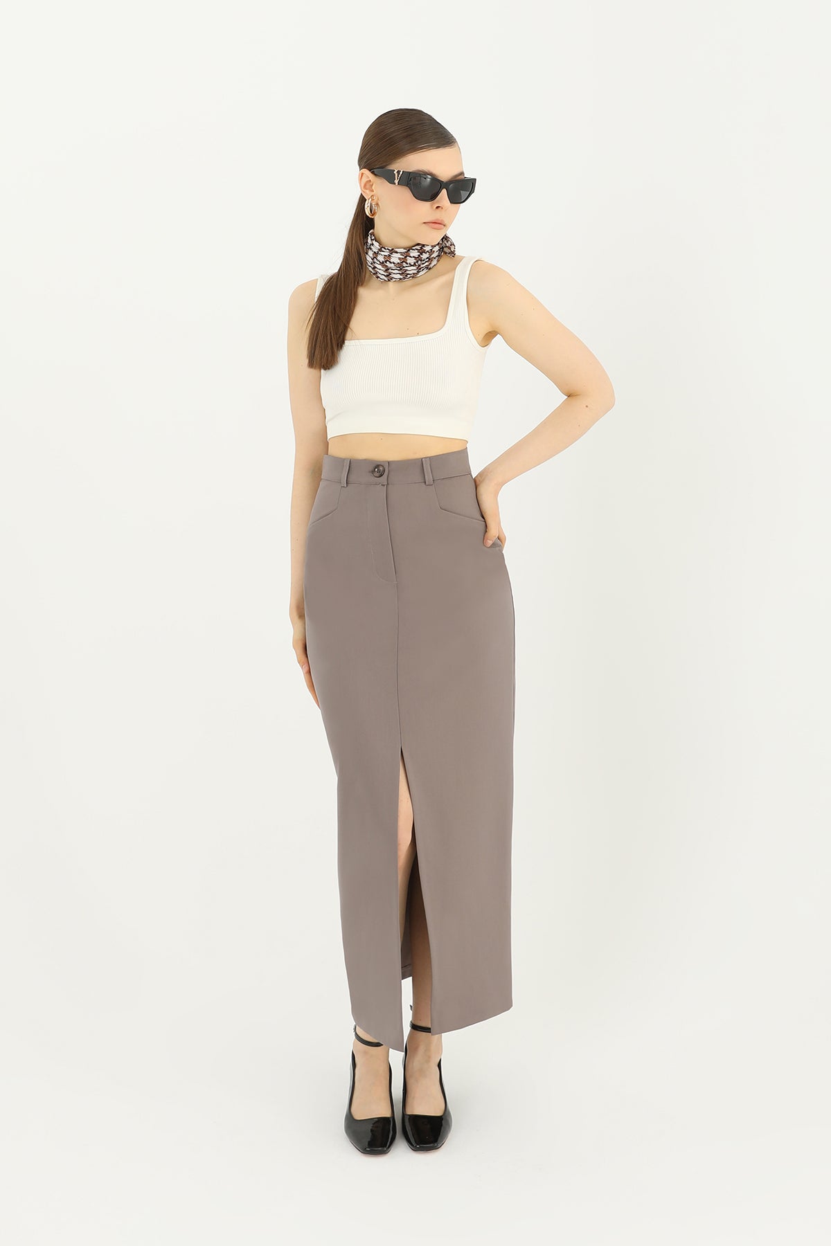 Kadın Önü Yırtmaçlı Kumaş Etek - 31607ETK