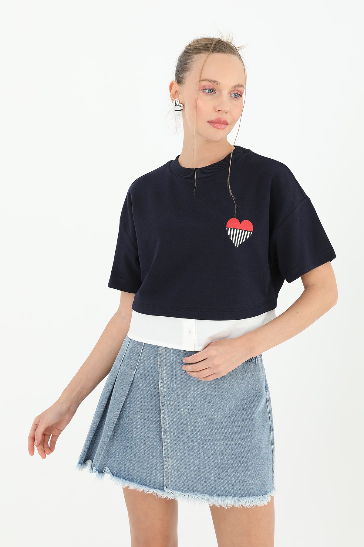 Kadın Poplin Garnili Baskılı T-shirt - 31640TSH