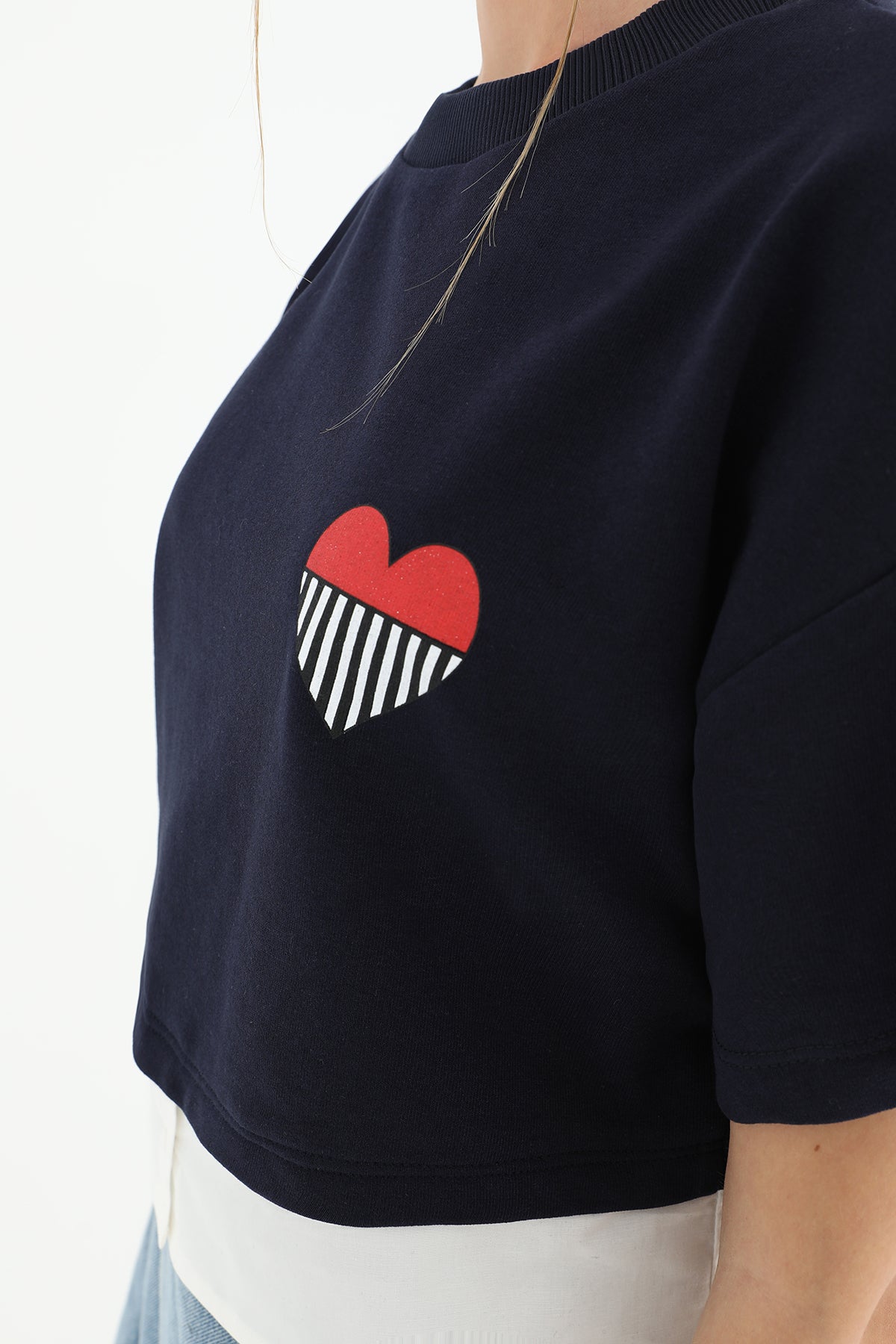 Kadın Poplin Garnili Baskılı T-shirt - 31640TSH