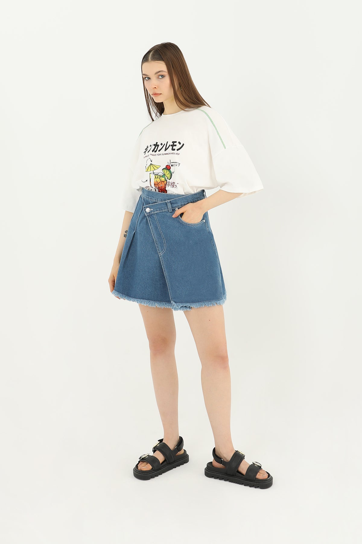 Kadın Yanı Pile Detaylı Kot Etek - 31655ETK