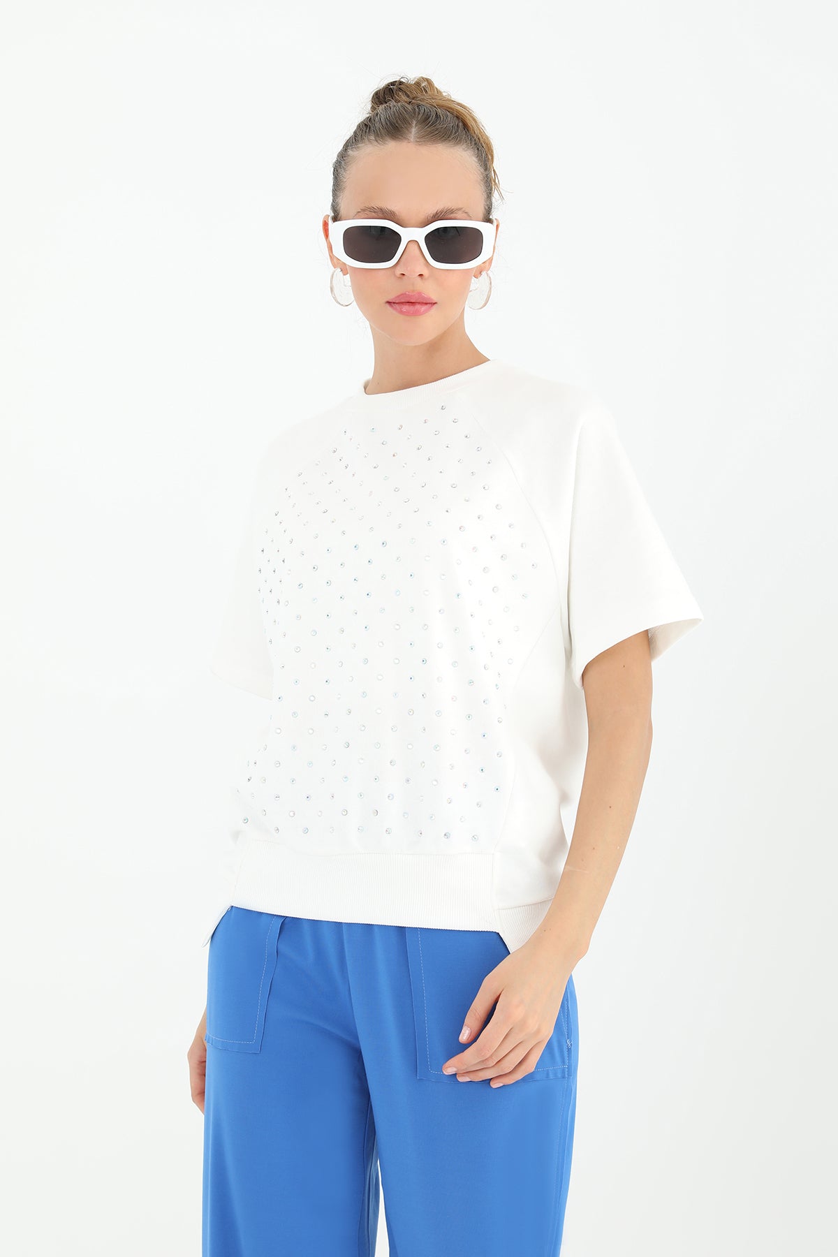 Kadın Taşlı Kısa Kol T-shirt -24S-31679TSH