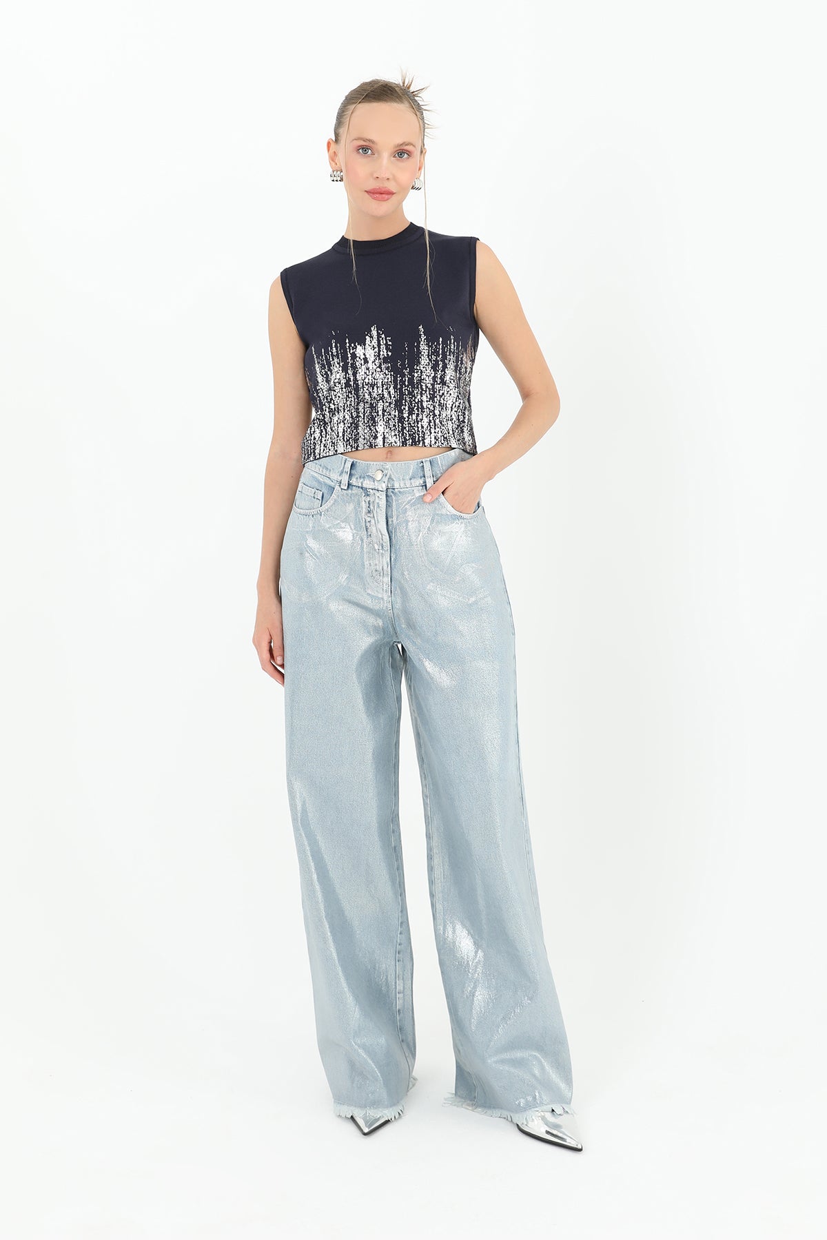 Kadın Varak Baskılı Kolsuz Crop Top - 31721CRP