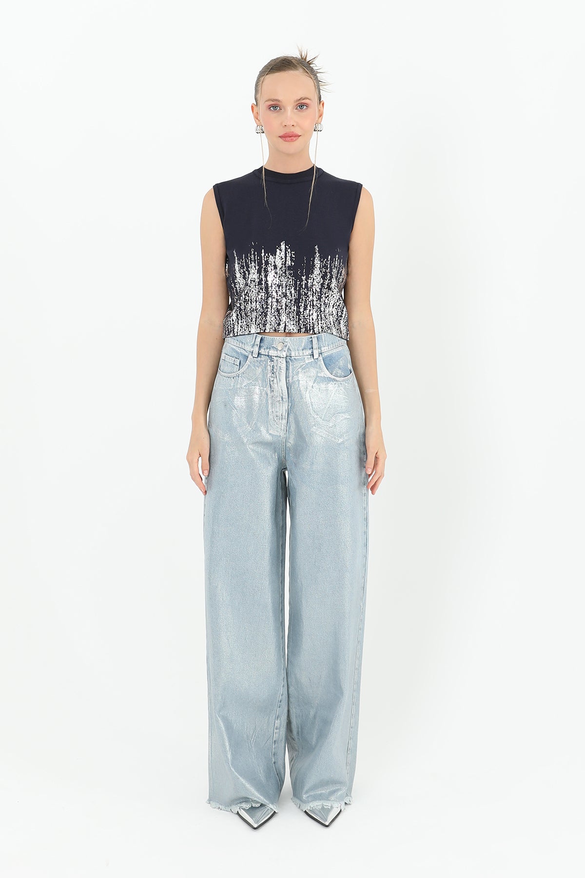 Kadın Varak Baskılı Kolsuz Crop Top - 31721CRP