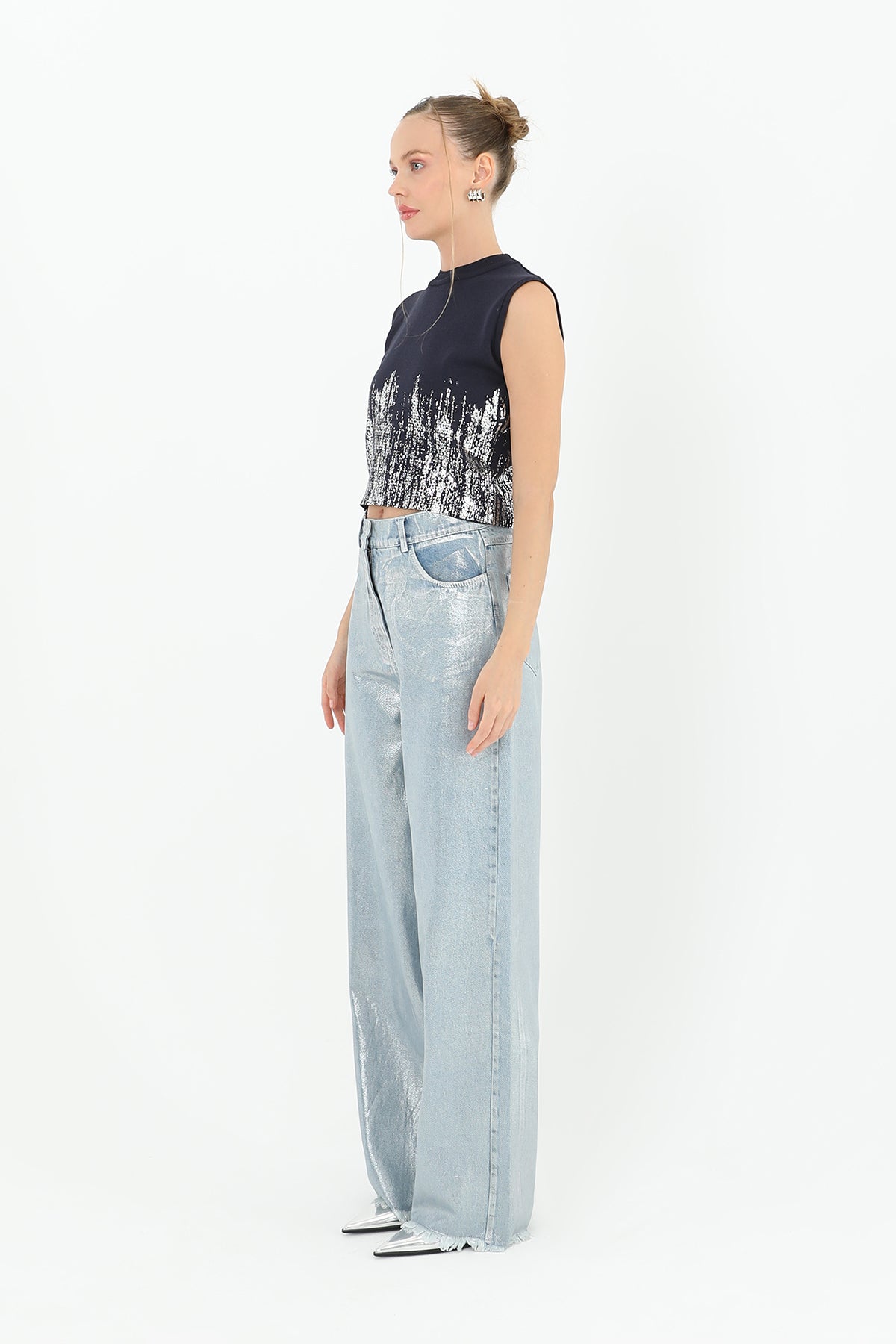 Kadın Varak Baskılı Kolsuz Crop Top - 31721CRP