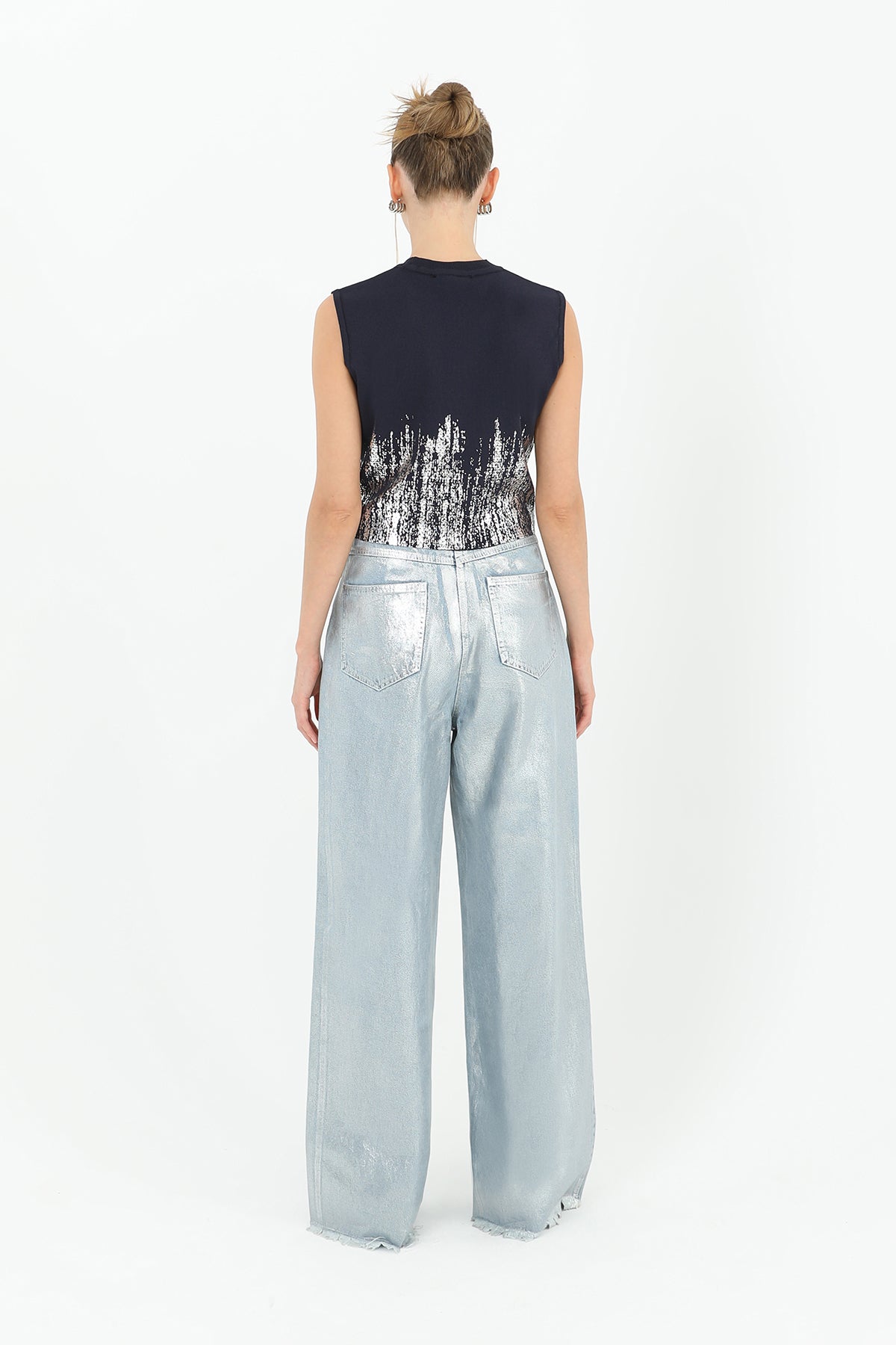 Kadın Varak Baskılı Kolsuz Crop Top - 31721CRP