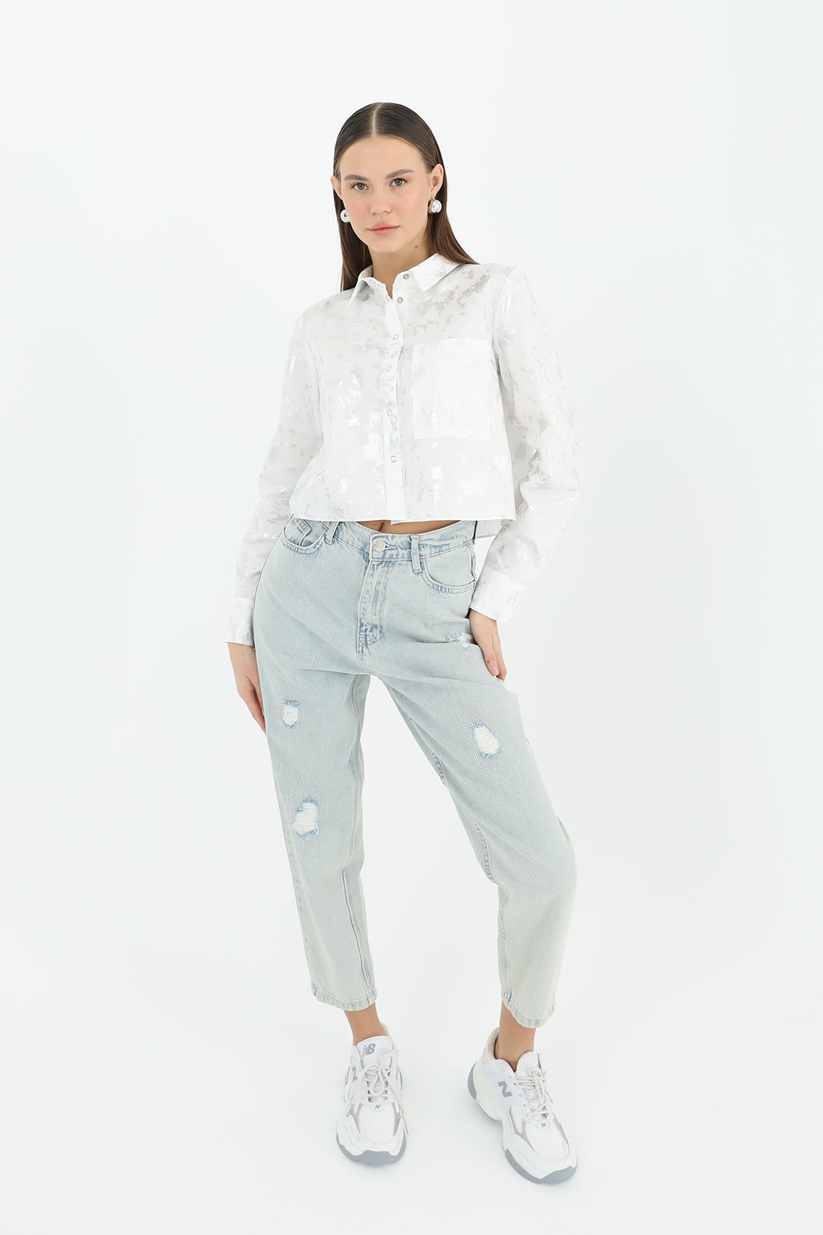 Kadın Crop Uzun Kollu Varak Desenli Gömlek -24S-31769GML