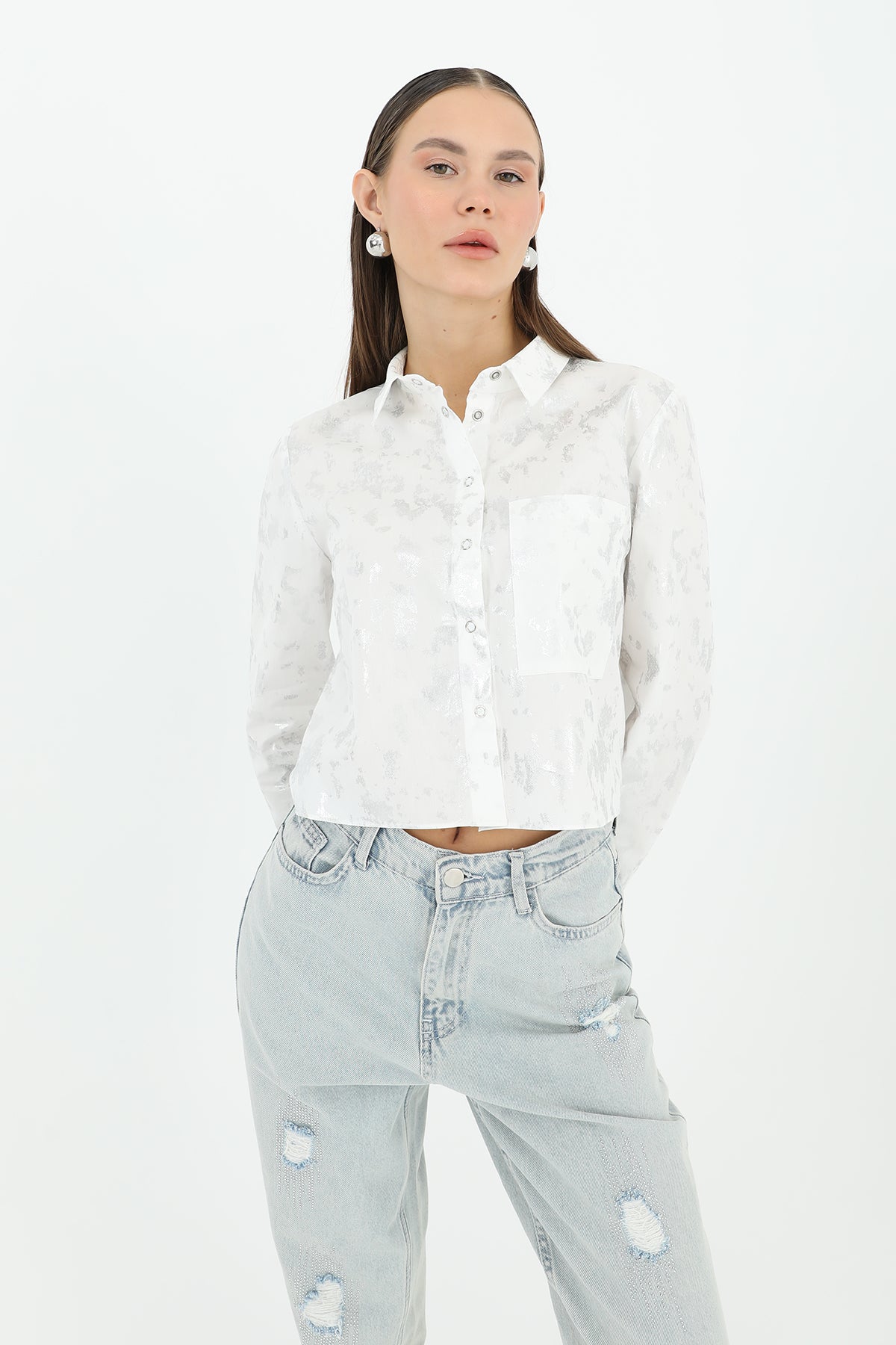 Kadın Crop Uzun Kollu Varak Desenli Gömlek -24S-31769GML