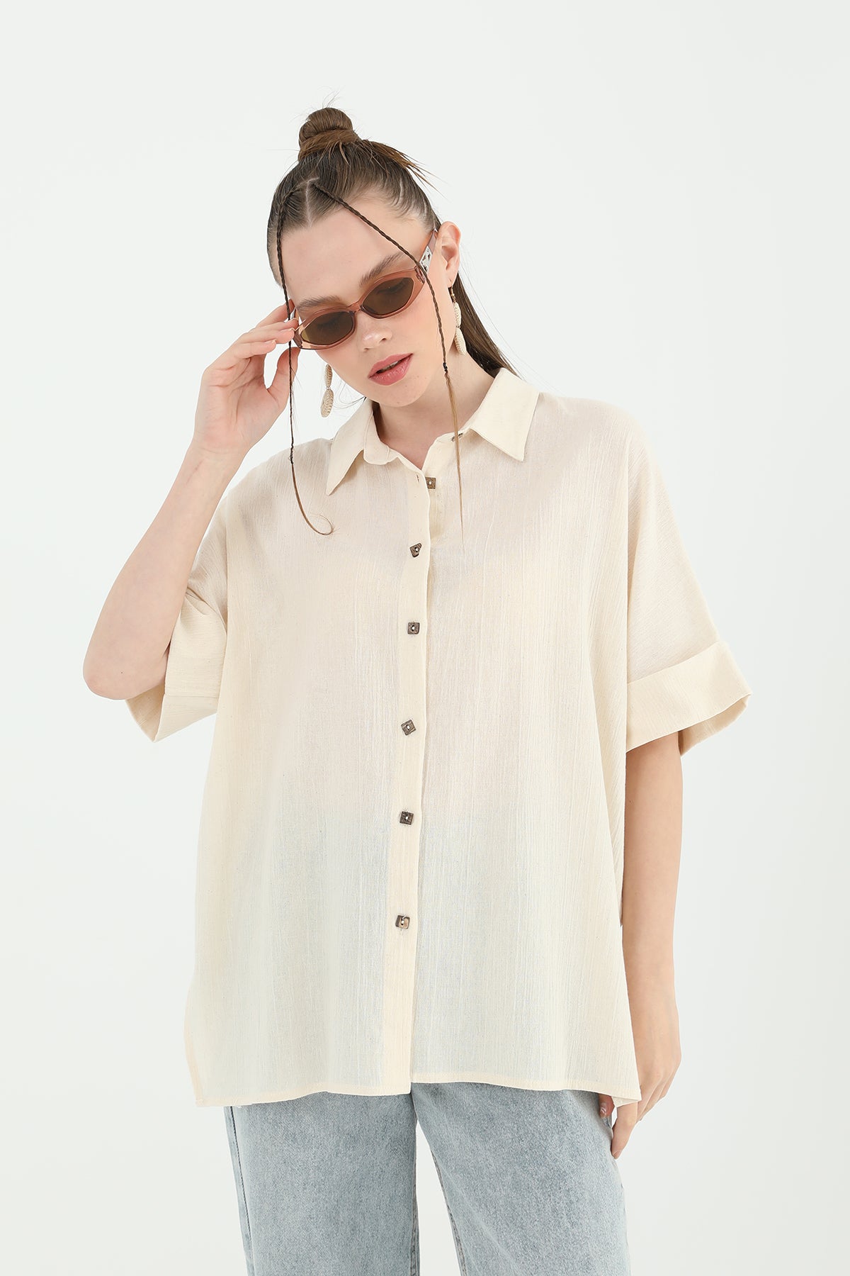 Kadın Arka Roba Dantelli Kısa Kollu Gömlek -24S-31792GML