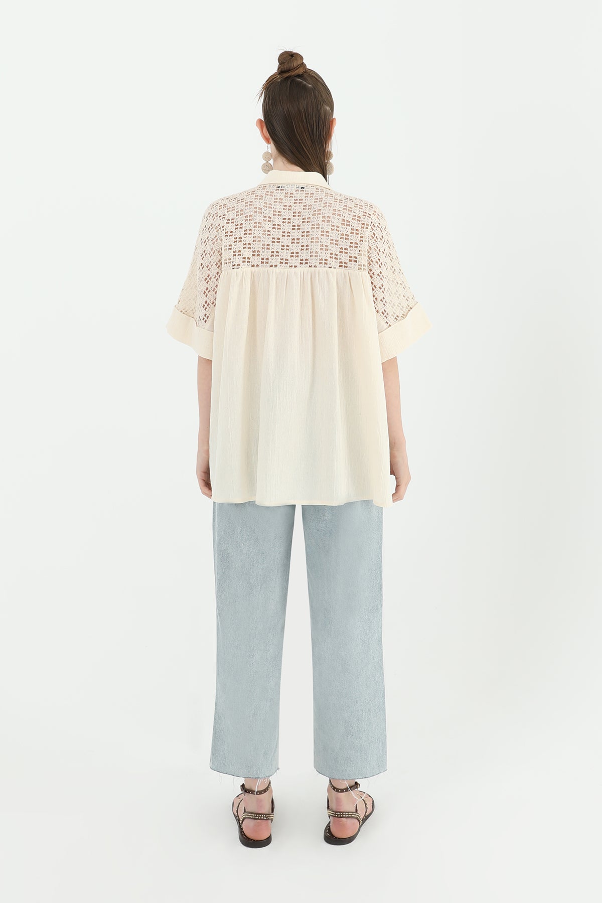 Kadın Arka Roba Dantelli Kısa Kollu Gömlek -24S-31792GML