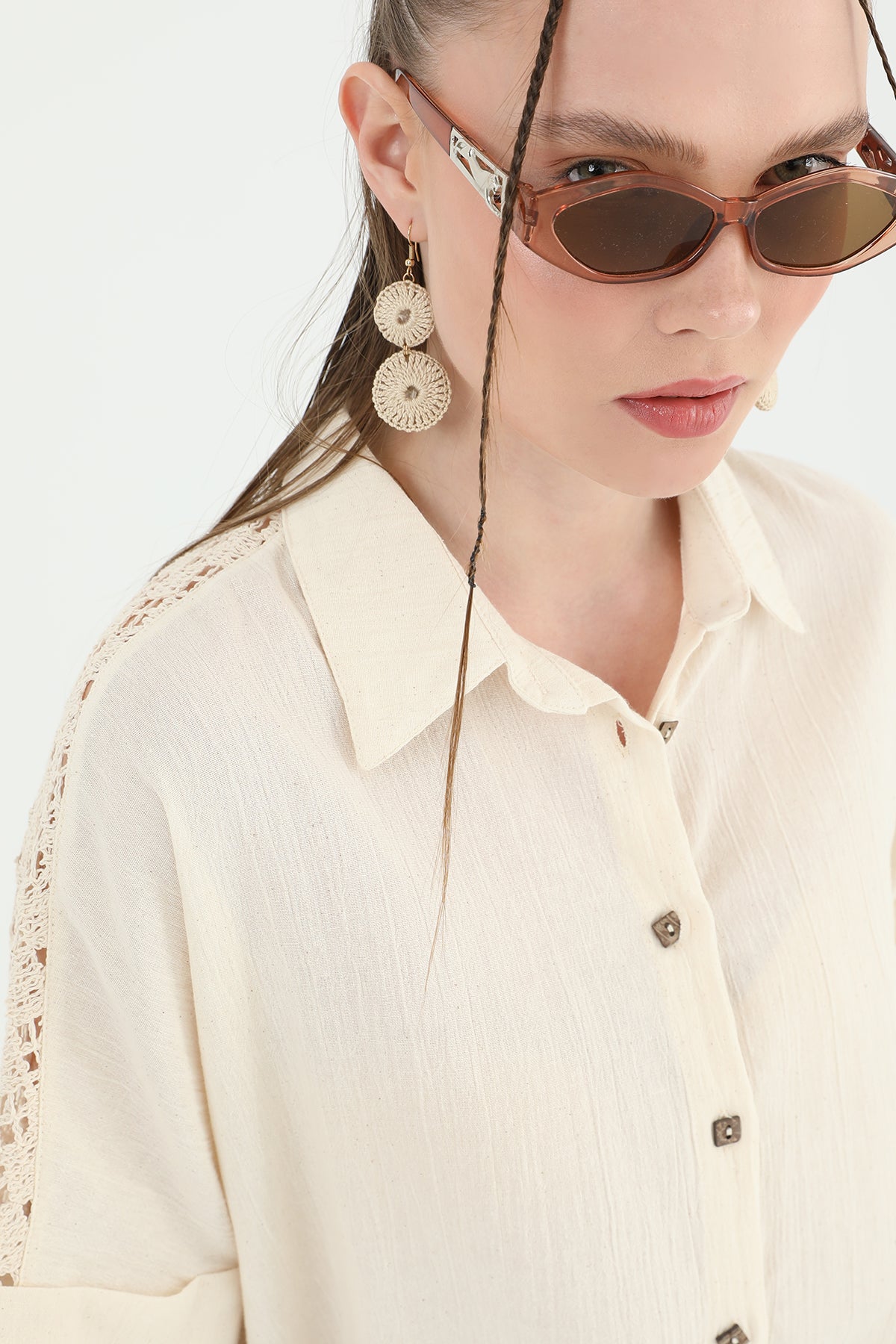 Kadın Arka Roba Dantelli Kısa Kollu Gömlek -24S-31792GML