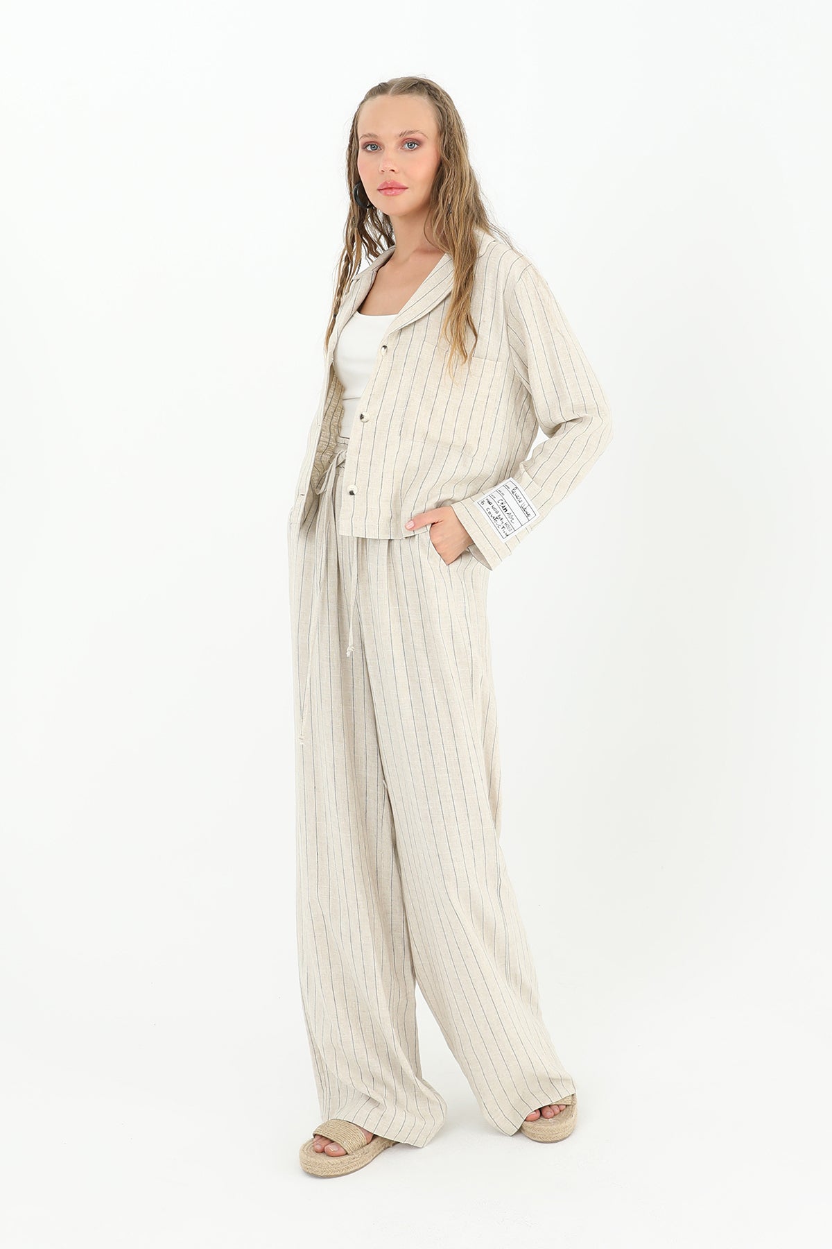 Kadın Çizgili Kısa Cepli Gömlek -24S-31817GML