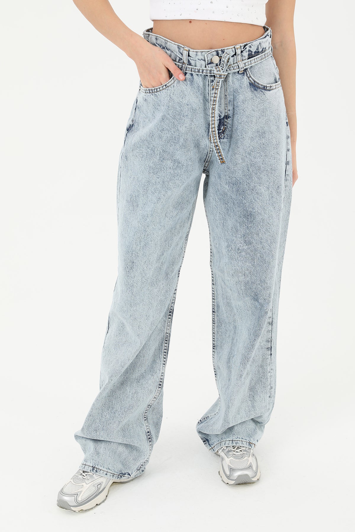 Kadın Belden Bağlamalı Denim Pantolon - 31878PNT