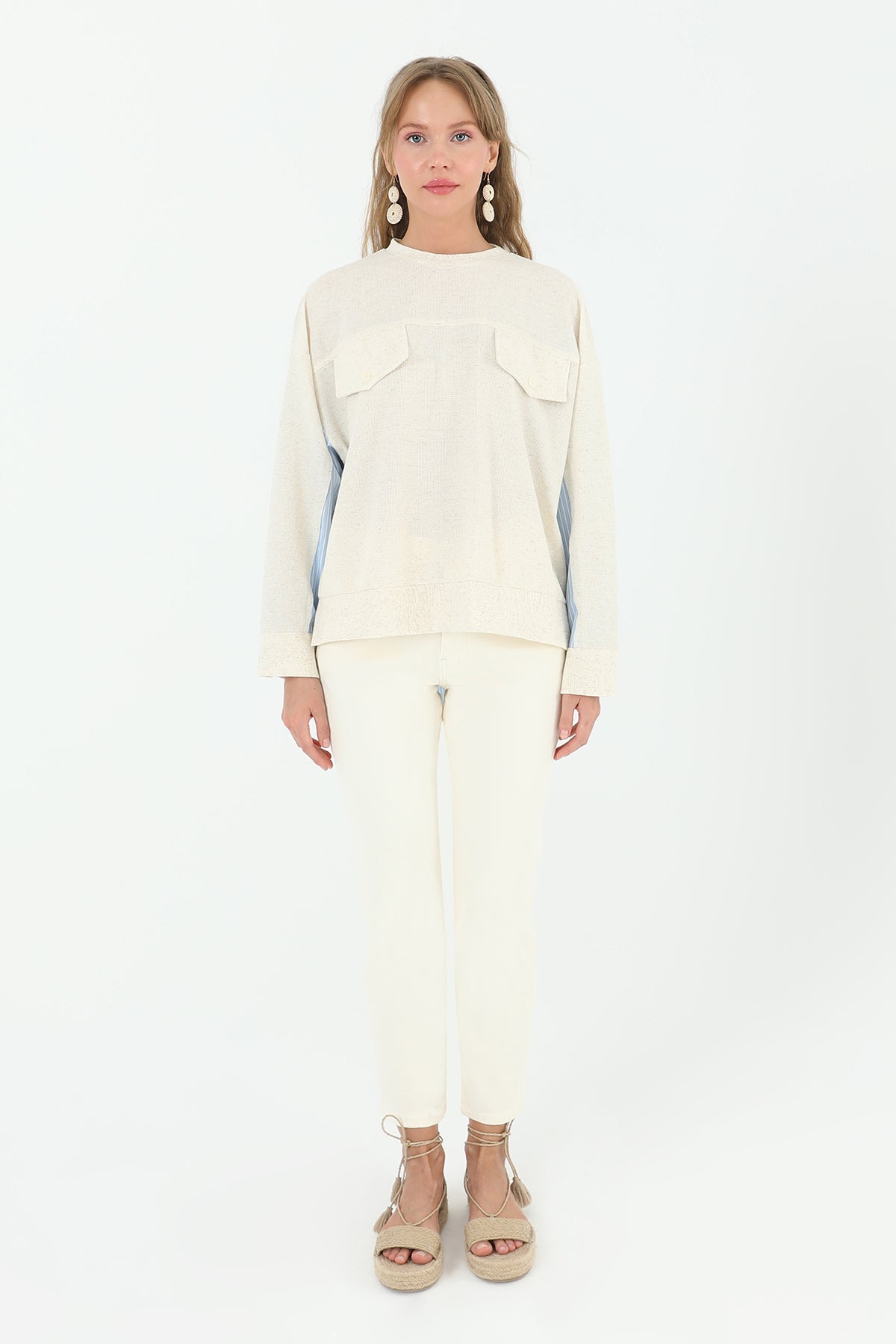 Kadın Önden Cepli Arkası Poplin Çizgili Kumaş -24S-31888BLZ