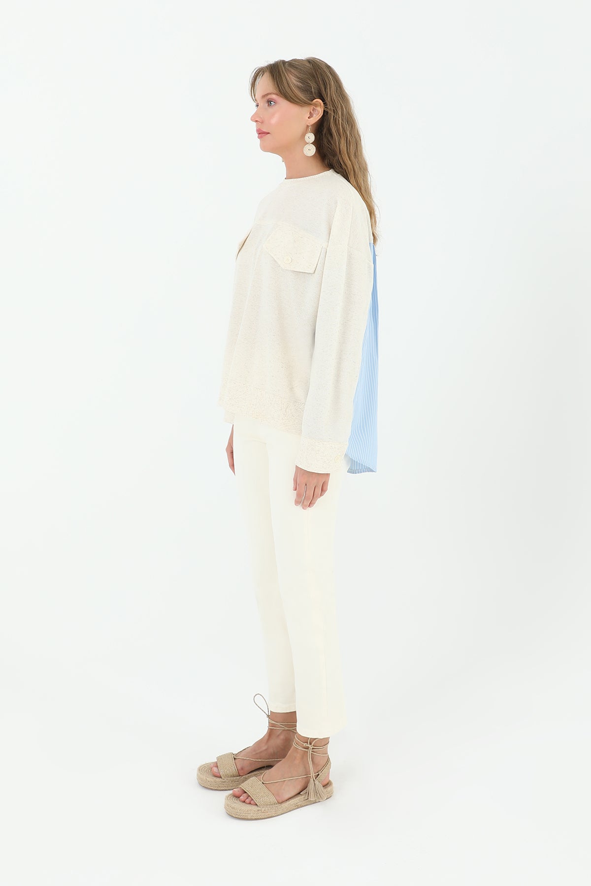 Kadın Önden Cepli Arkası Poplin Çizgili Kumaş -24S-31888BLZ