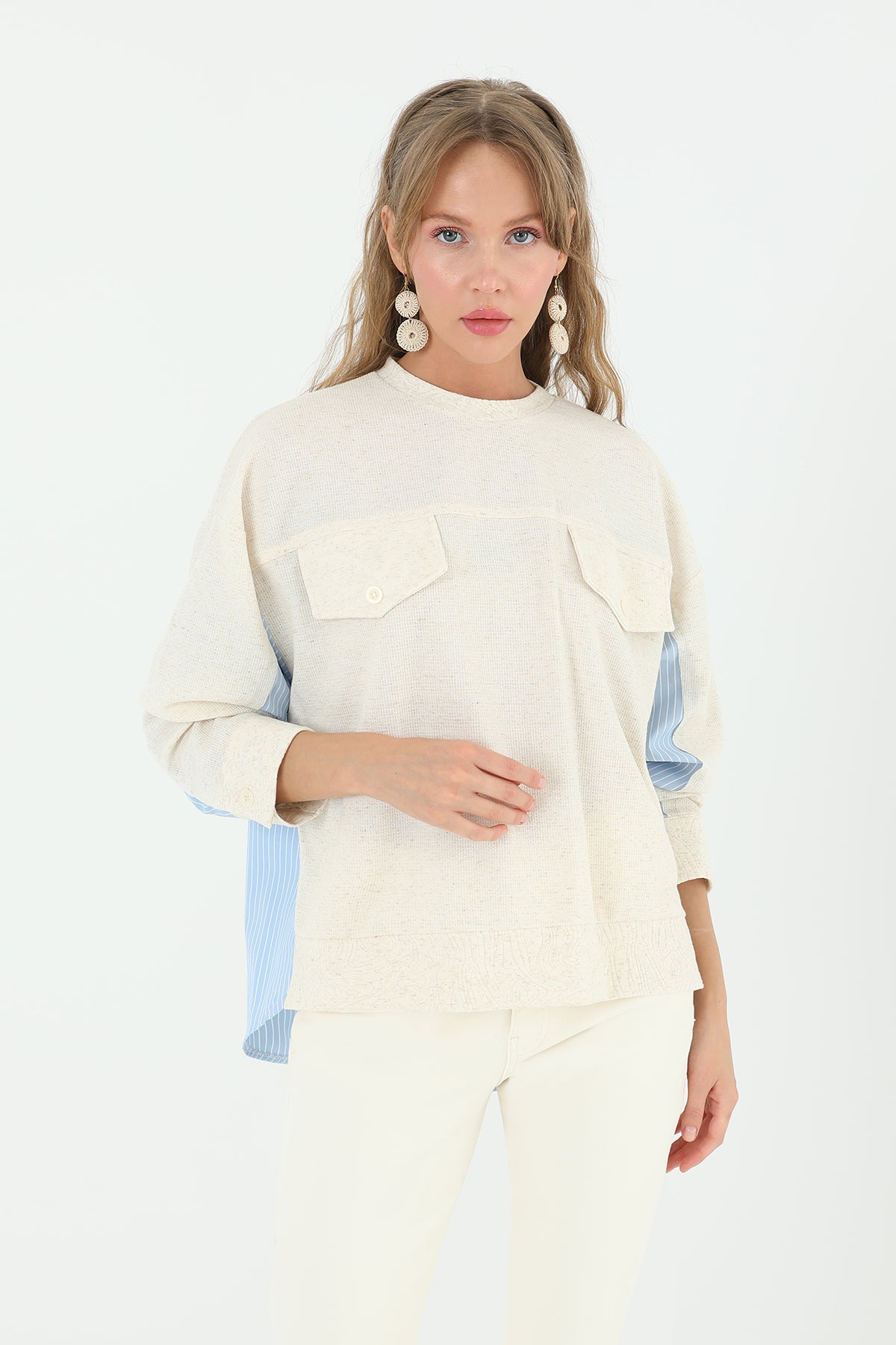 Kadın Önden Cepli Arkası Poplin Çizgili Kumaş -24S-31888BLZ
