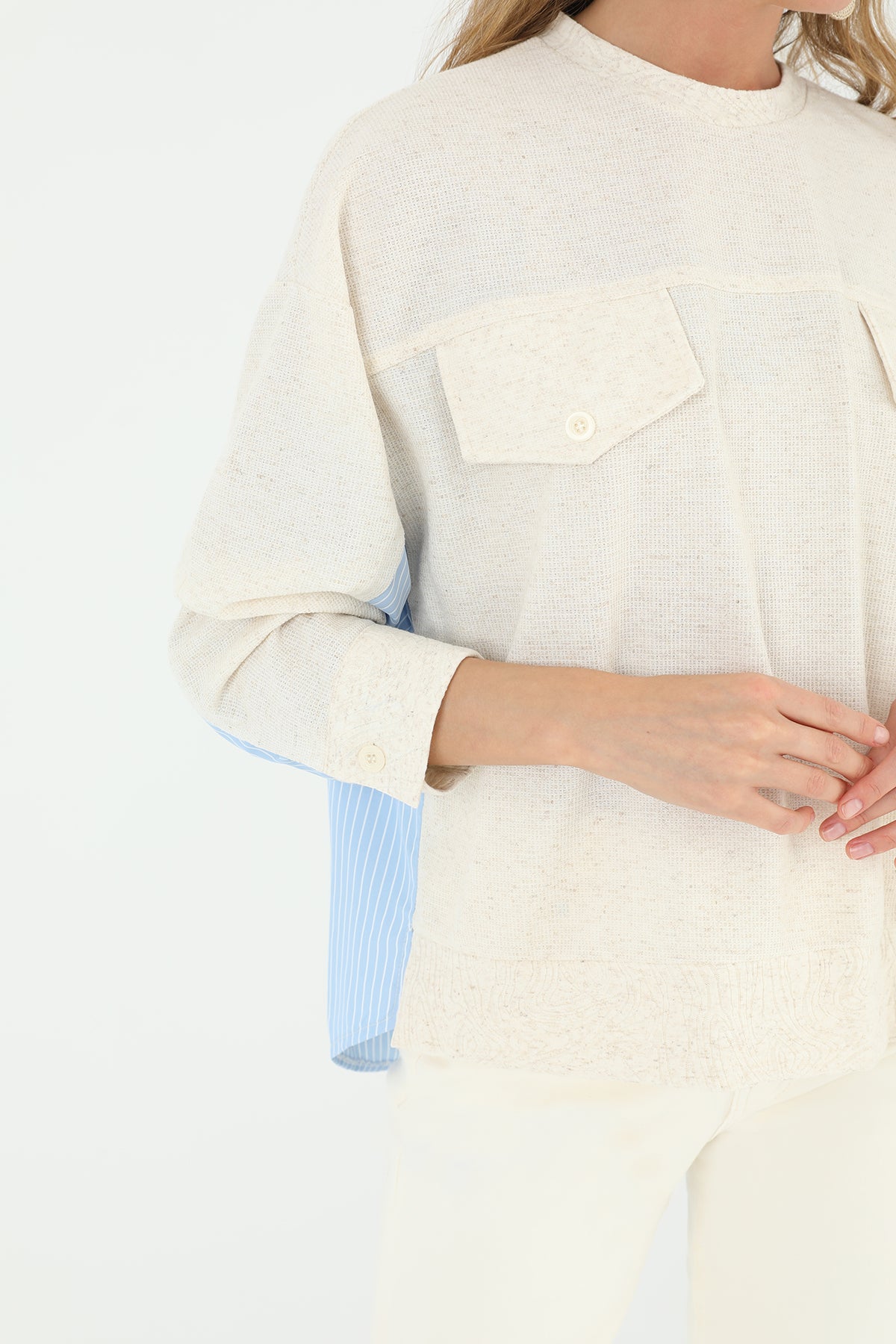 Kadın Önden Cepli Arkası Poplin Çizgili Kumaş -24S-31888BLZ