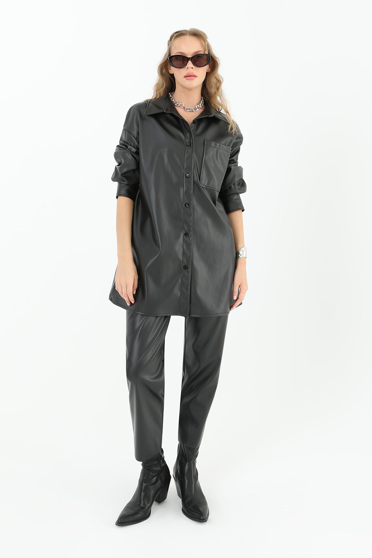 Kadın Cepli Deri Gömlek - 10570GML