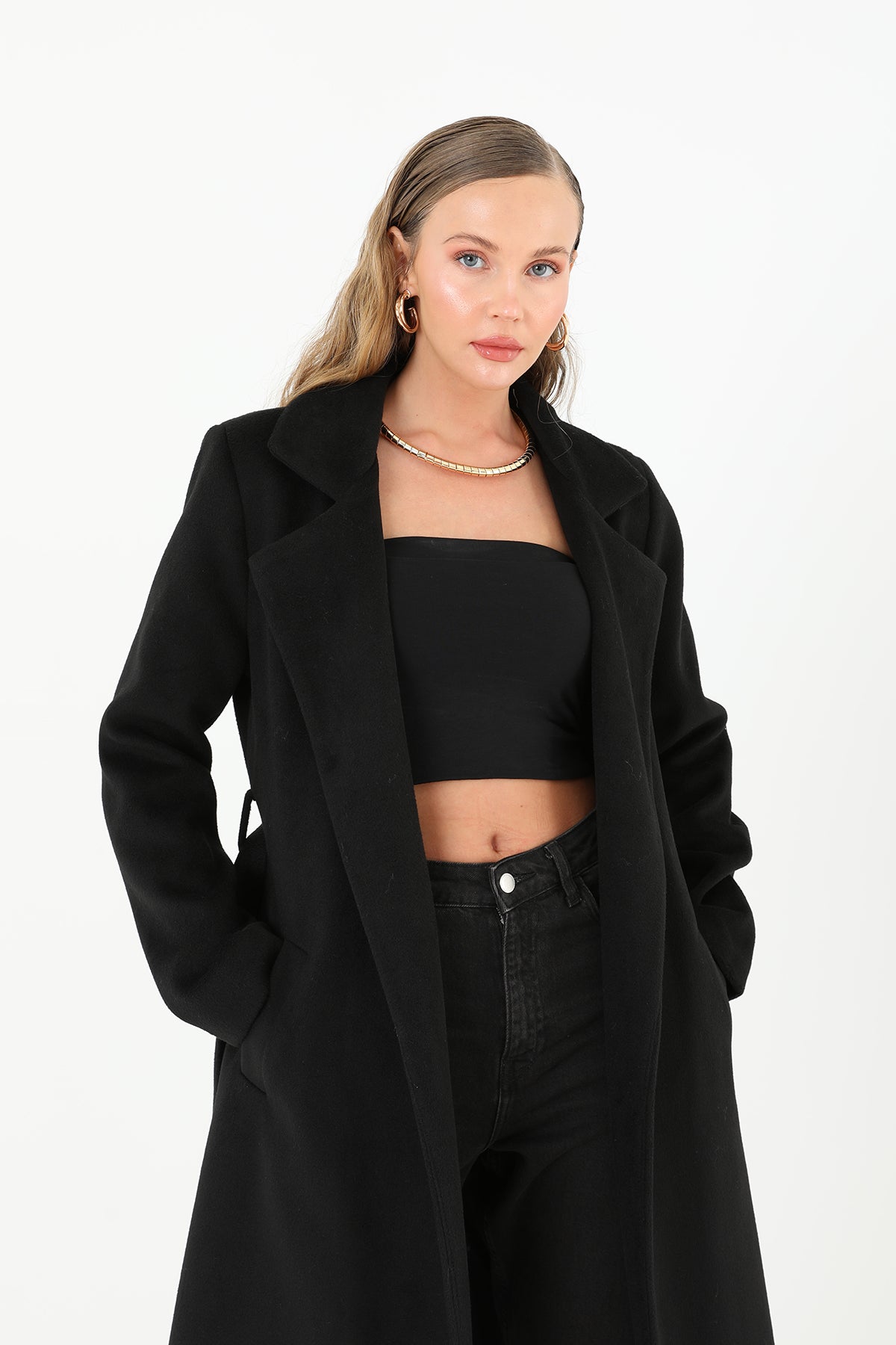 Kadın Kruvaze Yaka Kuşaklı Kaban - 15170KBN