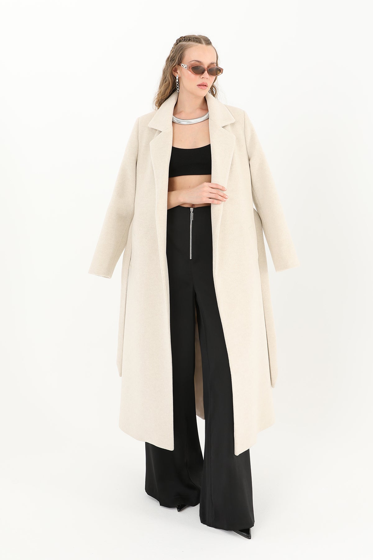 Kadın Kruvaze Yaka Kuşaklı Kaban - 15170KBN