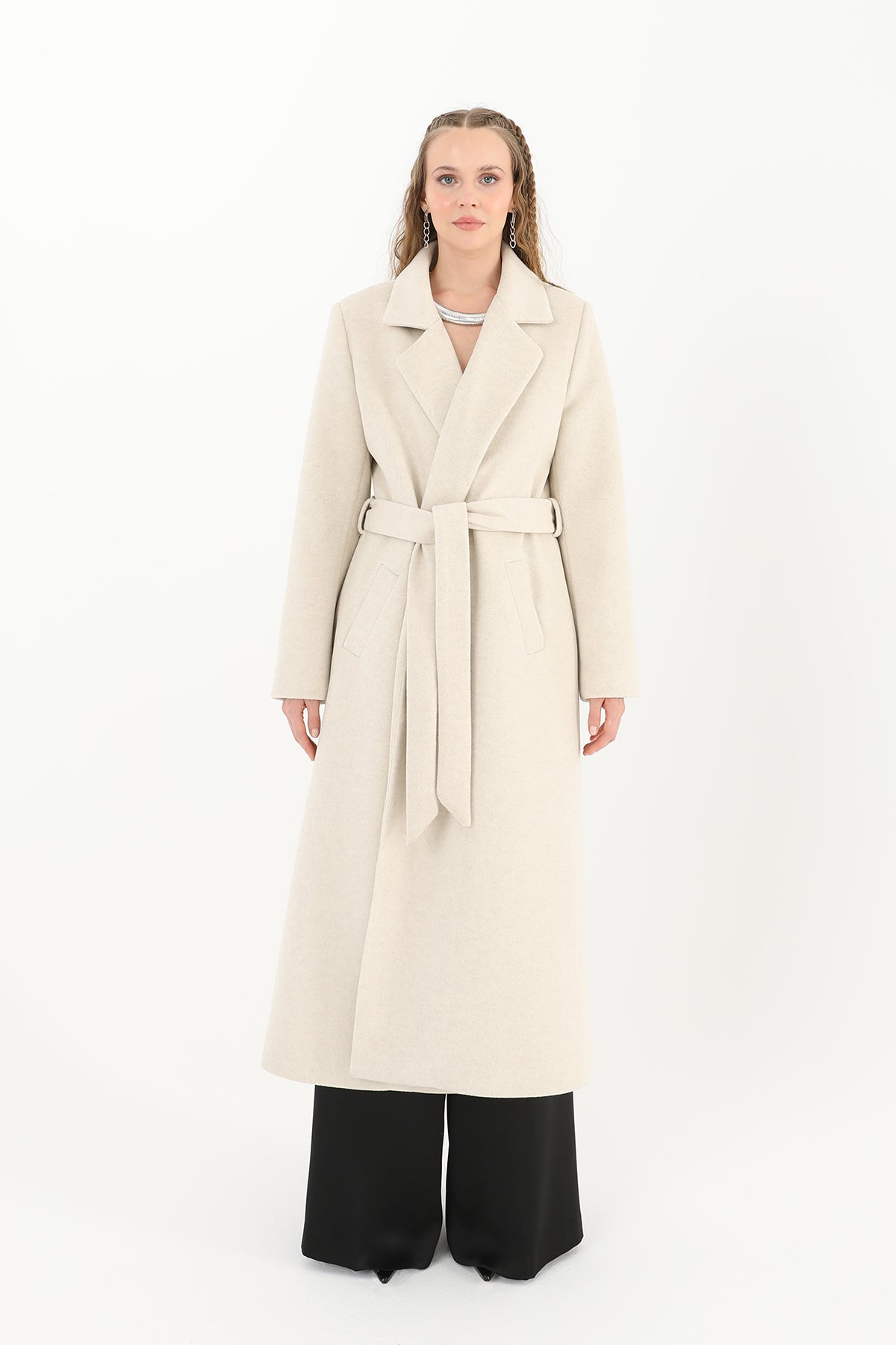 Kadın Kruvaze Yaka Kuşaklı Kaban - 15170KBN