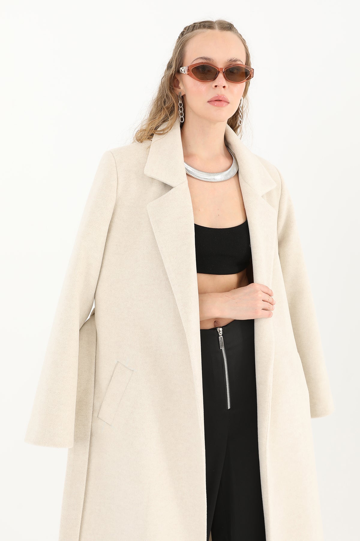 Kadın Kruvaze Yaka Kuşaklı Kaban - 15170KBN