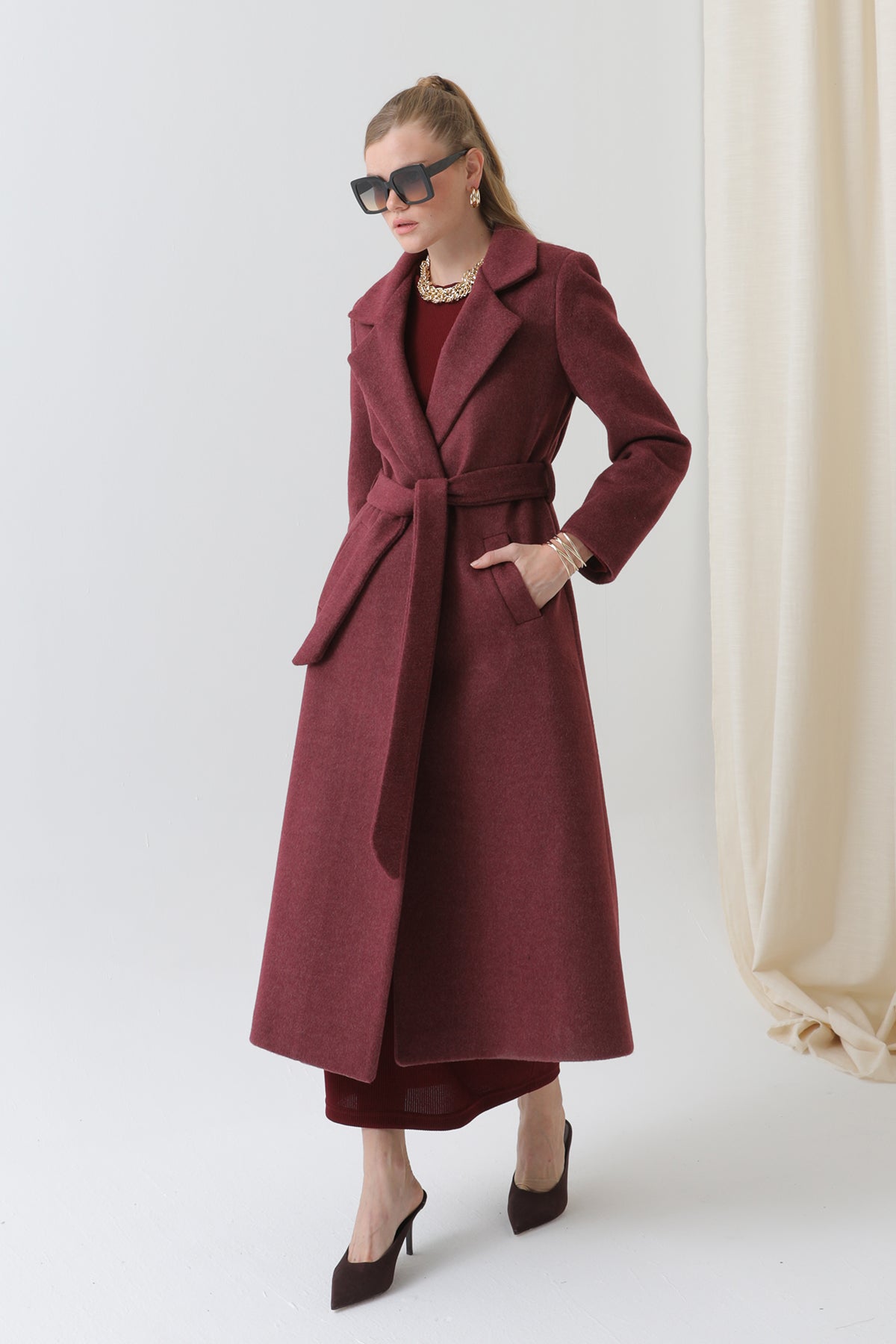 Kadın Kruvaze Yaka Kuşaklı Kaban - 15170KBN