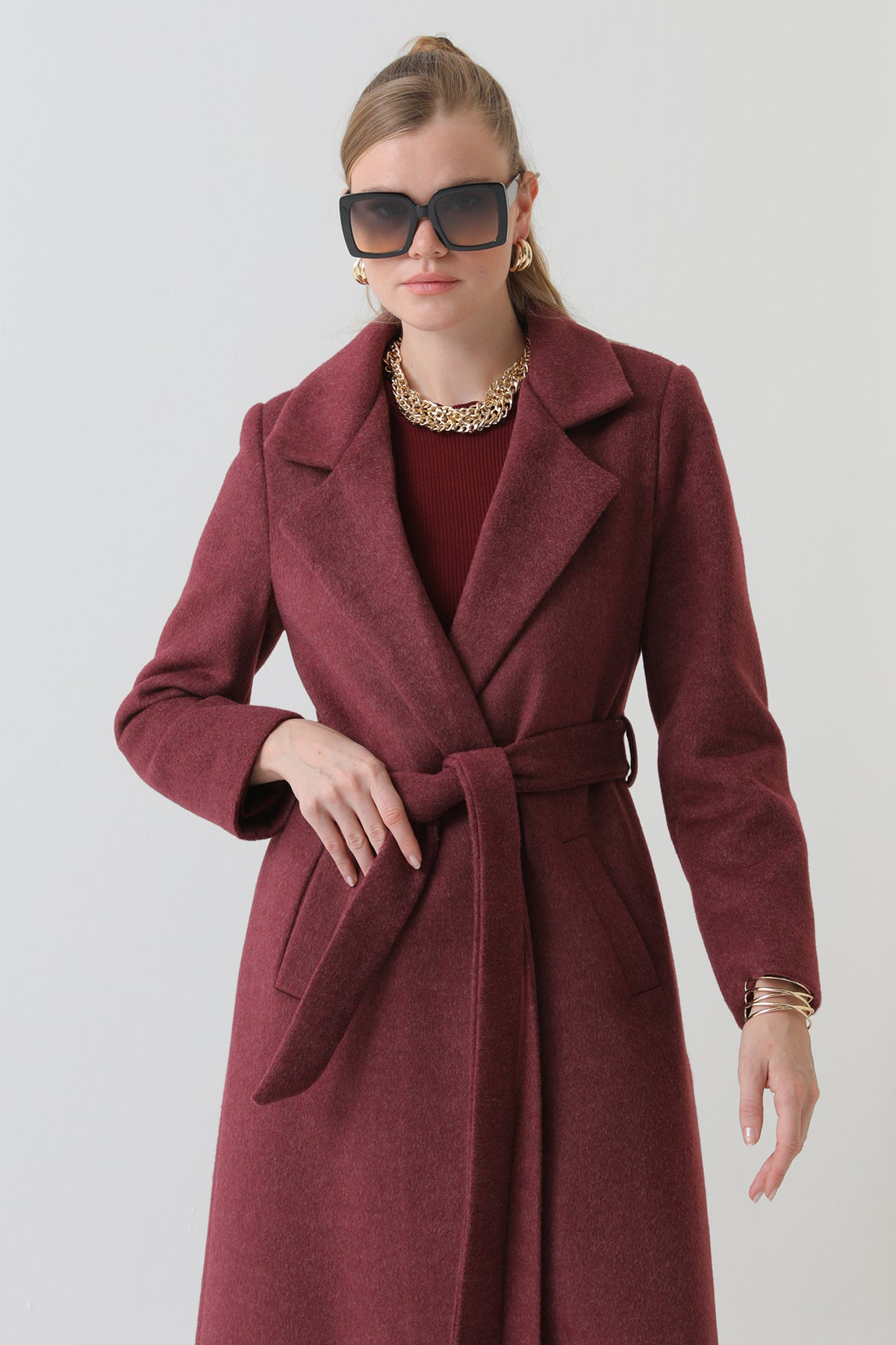 Kadın Kruvaze Yaka Kuşaklı Kaban - 15170KBN