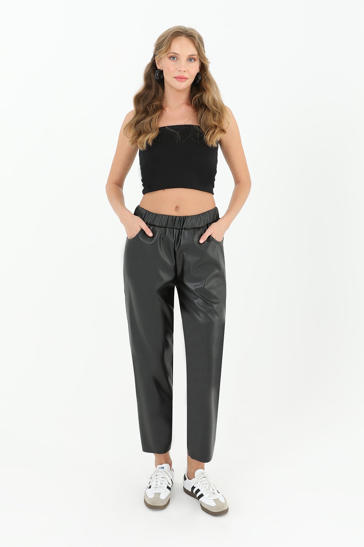 Kadın Beli Lastikli Cep Detaylı Deri Pantolon - 18205PNT