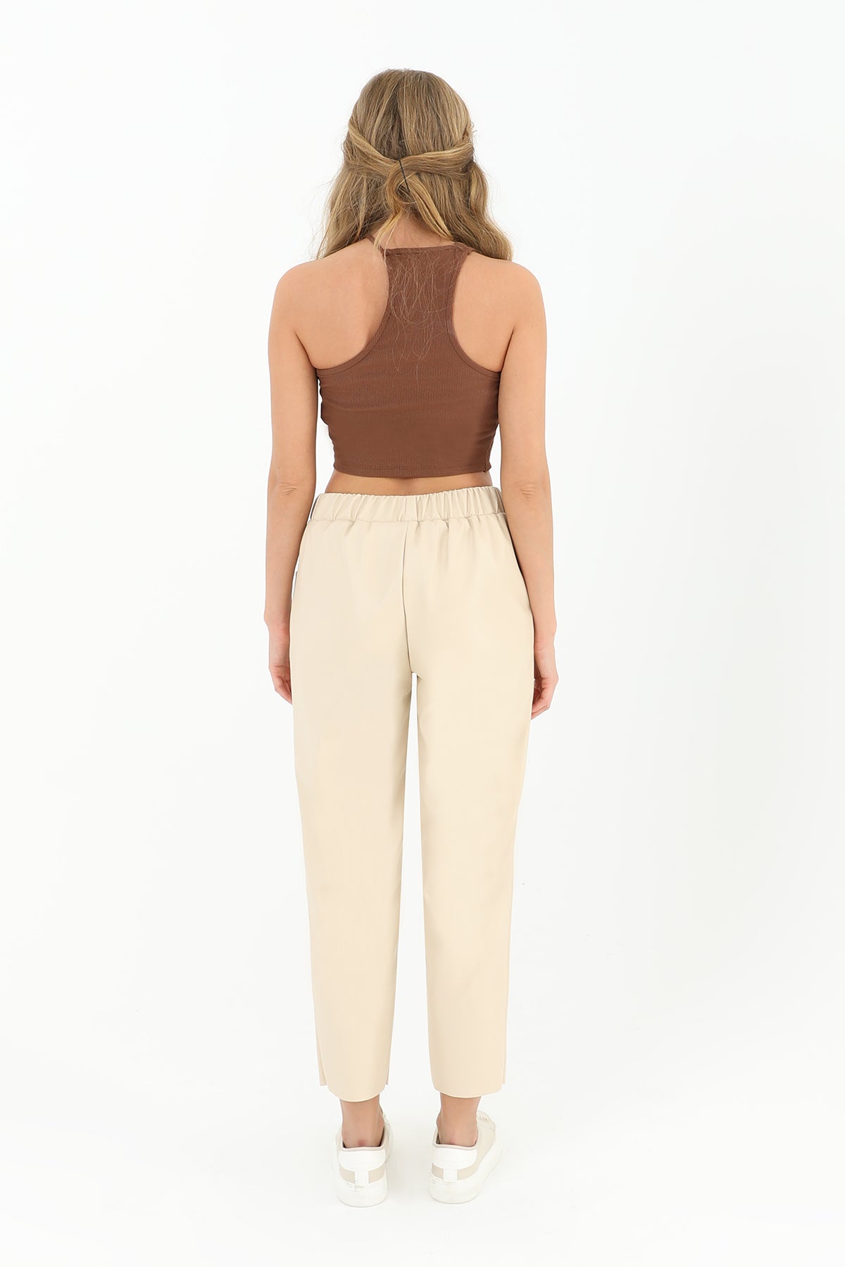 Kadın Beli Lastikli Cep Detaylı Deri Pantolon - 18205PNT