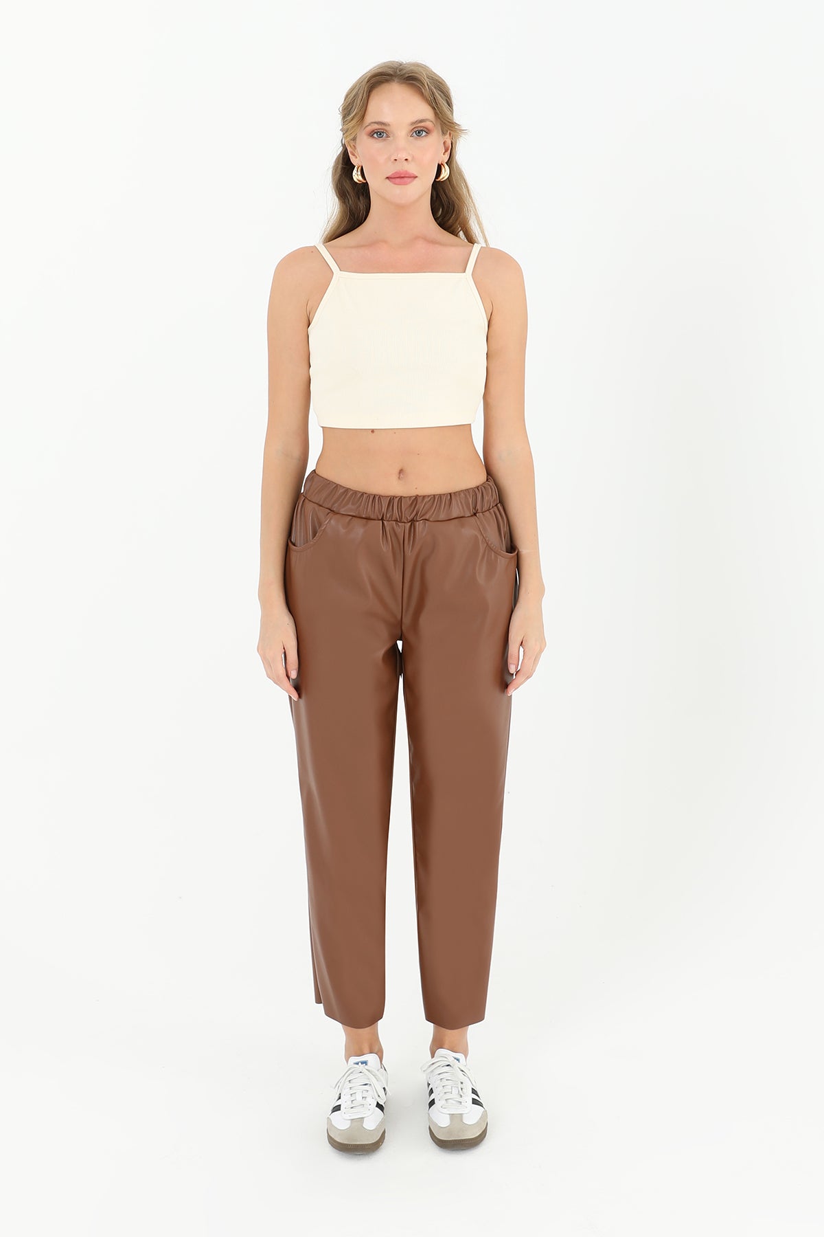 Kadın Beli Lastikli Cep Detaylı Deri Pantolon - 18205PNT