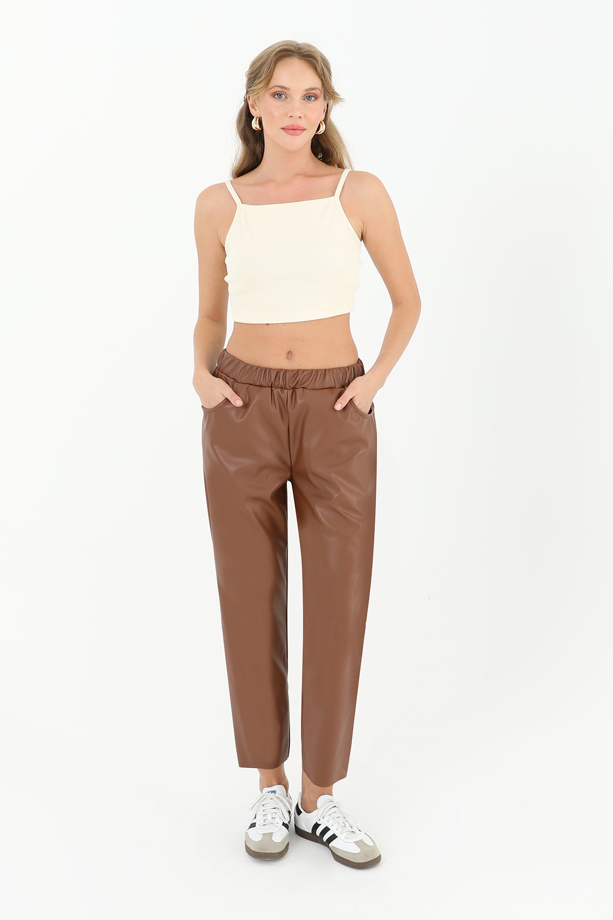 Kadın Beli Lastikli Cep Detaylı Deri Pantolon - 18205PNT