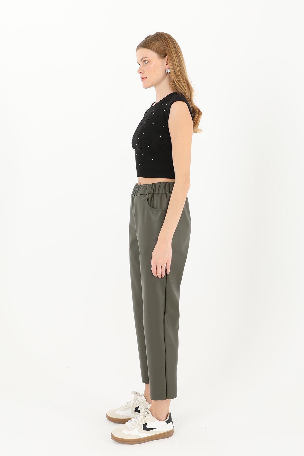 Kadın Beli Lastikli Cep Detaylı Deri Pantolon - 18205PNT