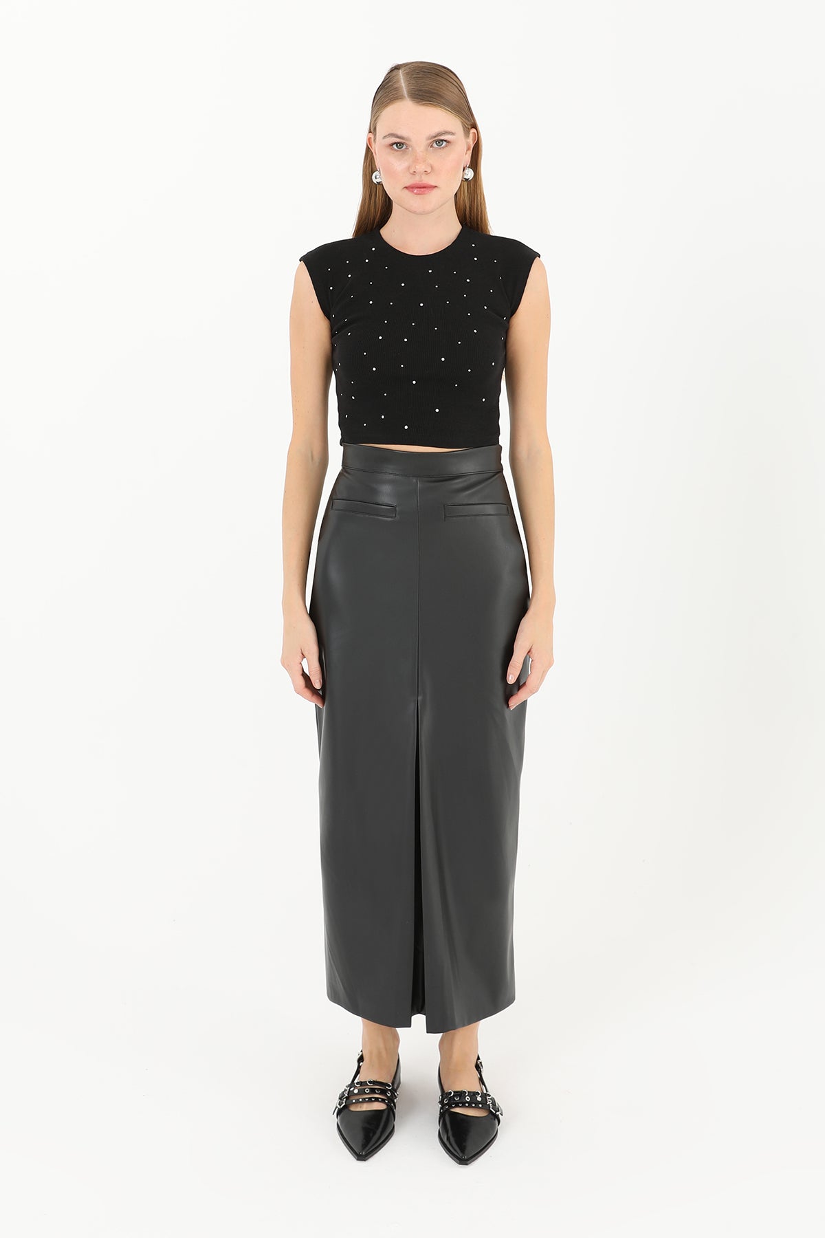 Kadın Önü Yırtmaçlı Deri Etek - 18215ETK