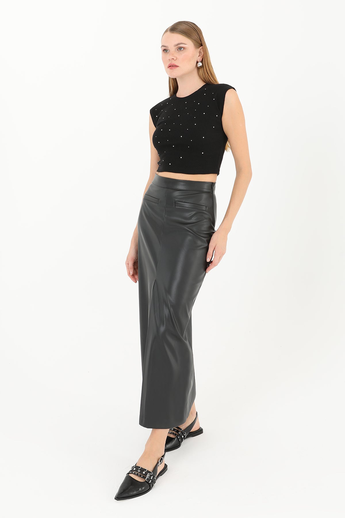 Women's Front With Slit Leather Skirt - 18215ETK