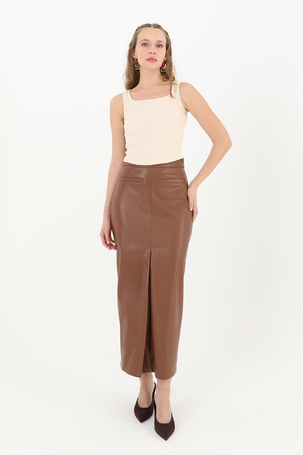 Women's Front With Slit Leather Skirt - 18215ETK