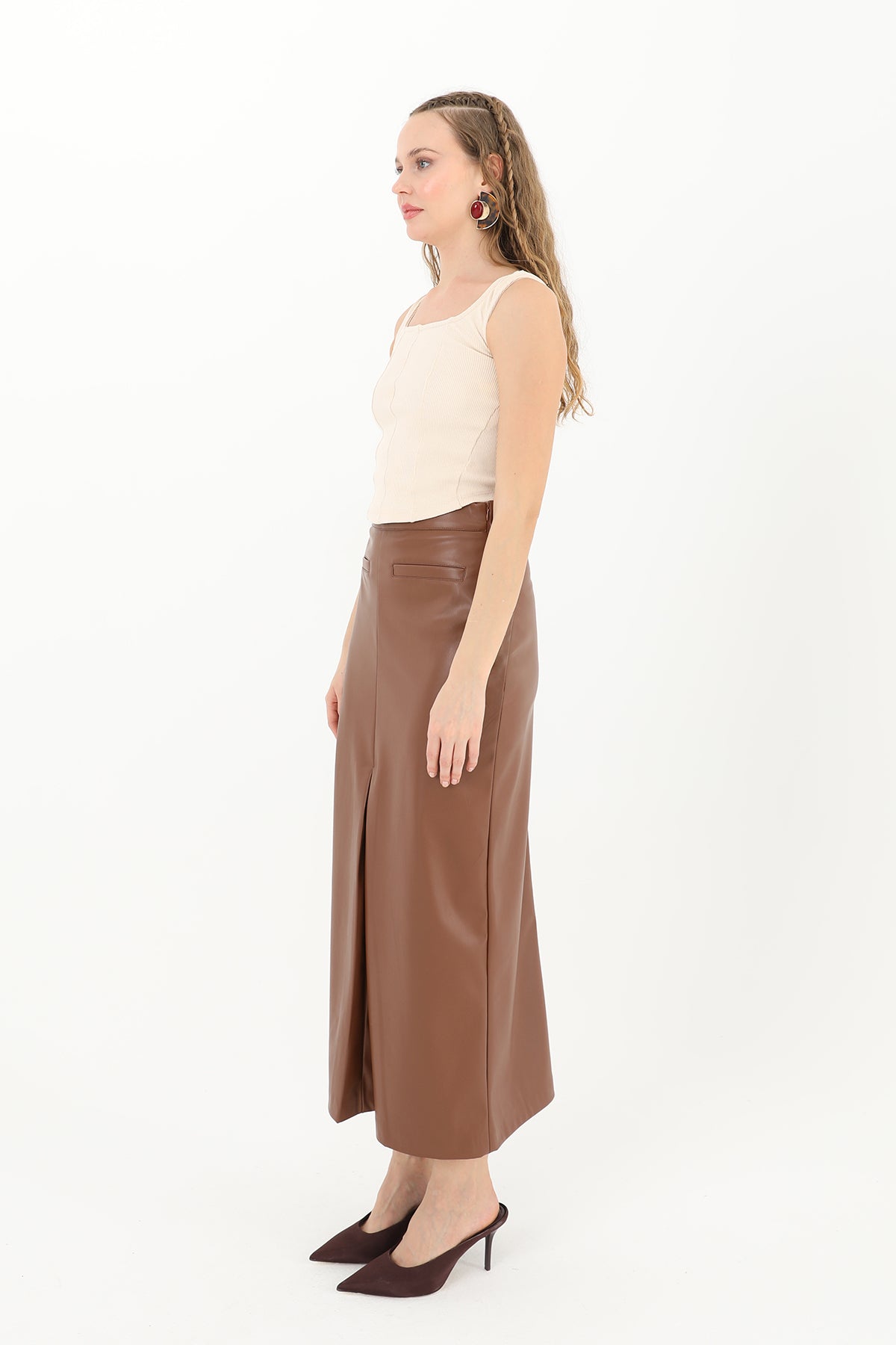 Women's Front With Slit Leather Skirt - 18215ETK