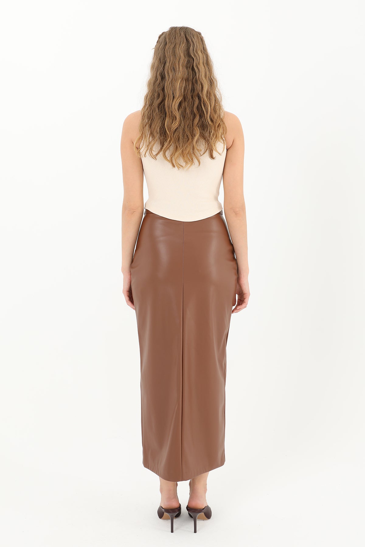 Women's Front With Slit Leather Skirt - 18215ETK