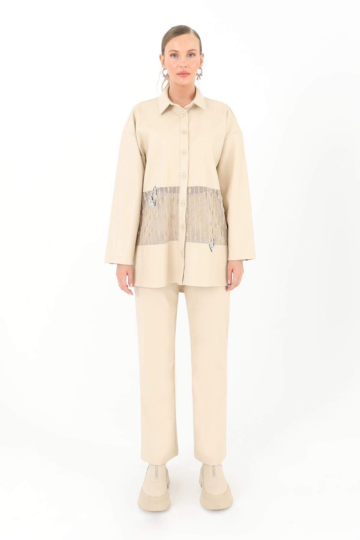 Kadın File Detaylı Deri Gömlek - 31971GML