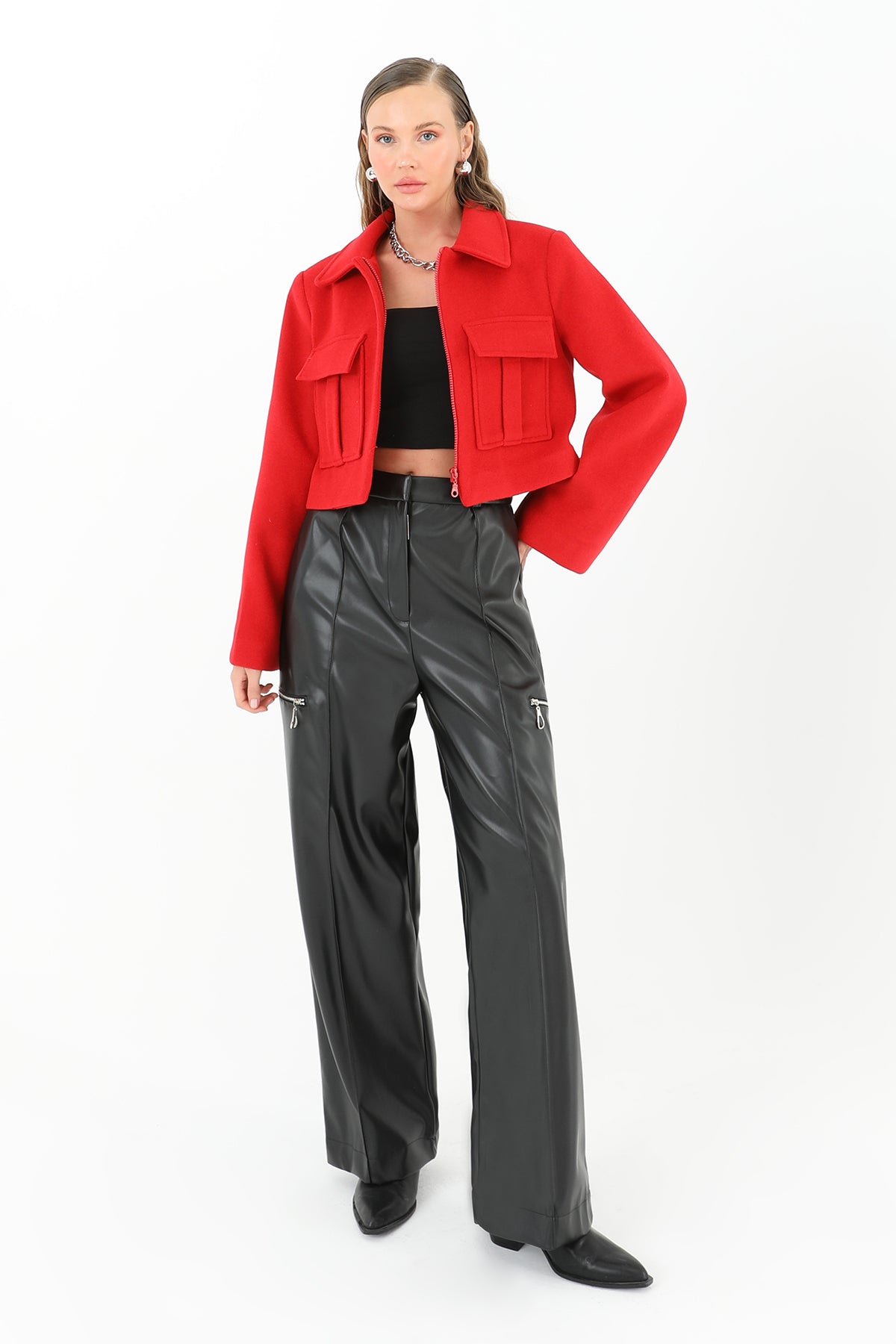 Kadın Pileli Geniş Paça Deri Pantolon - 31972PNT