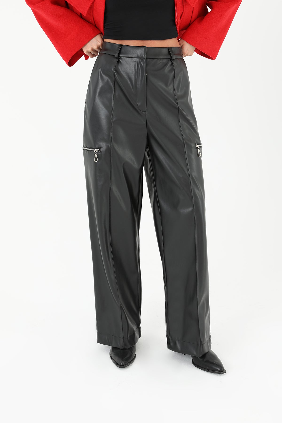 Kadın Pileli Geniş Paça Deri Pantolon - 31972PNT