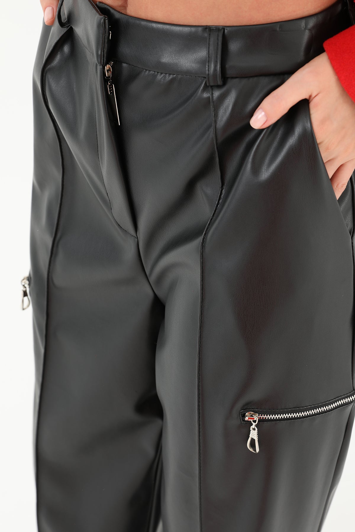 Kadın Pileli Geniş Paça Deri Pantolon - 31972PNT