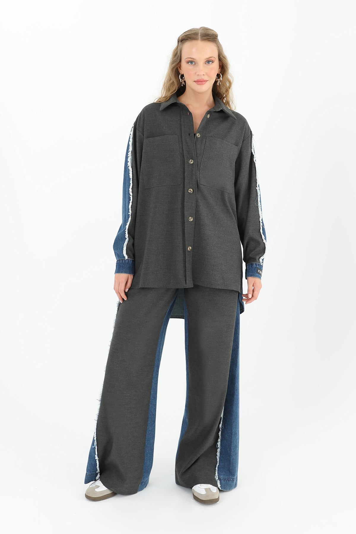 Kadın Kolu Kot Detaylı Geniş Cepli Gömlek - 31981GML