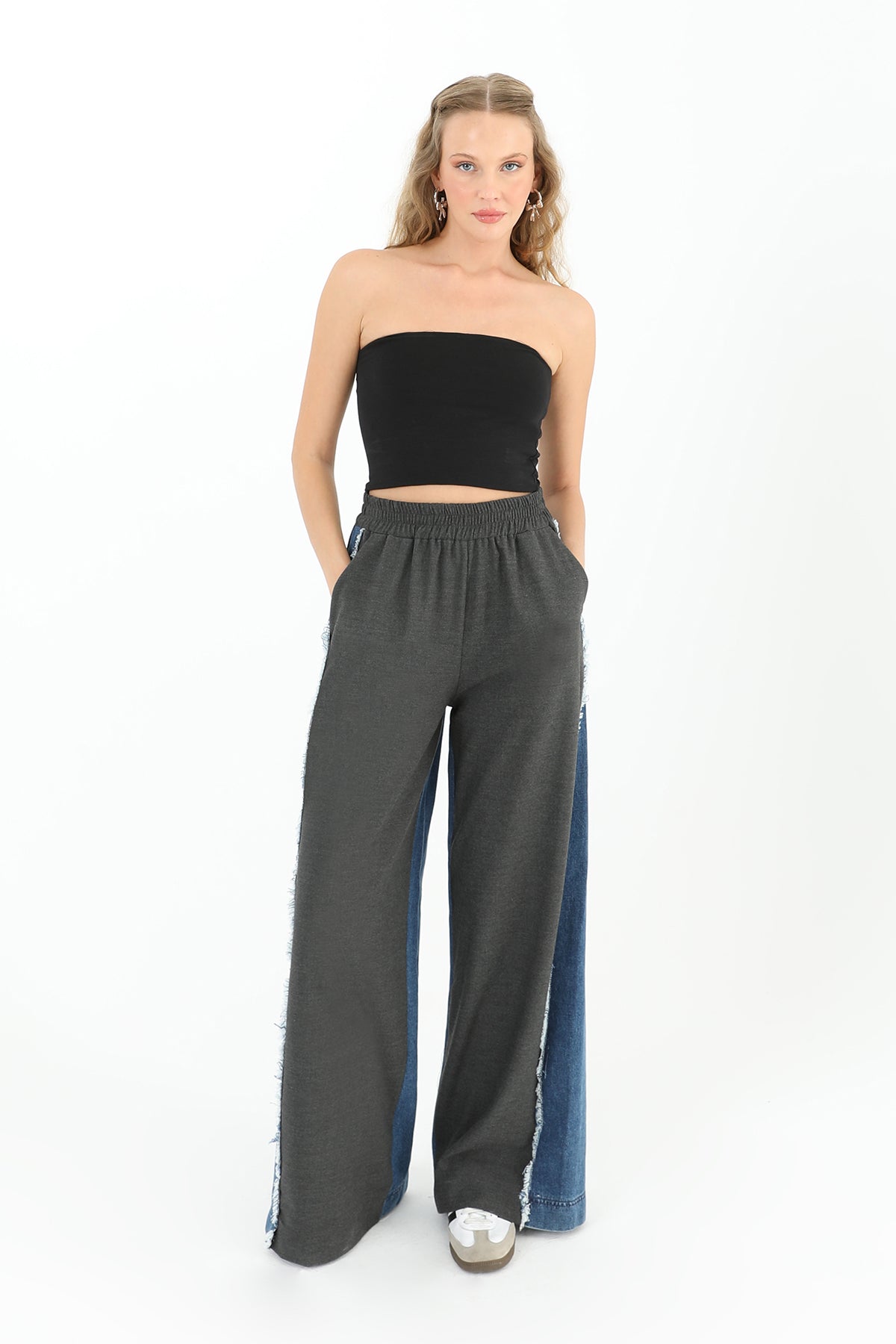 Kadın Yanları Kot Detaylı Geniş Paça Pantolon - 31982PNT