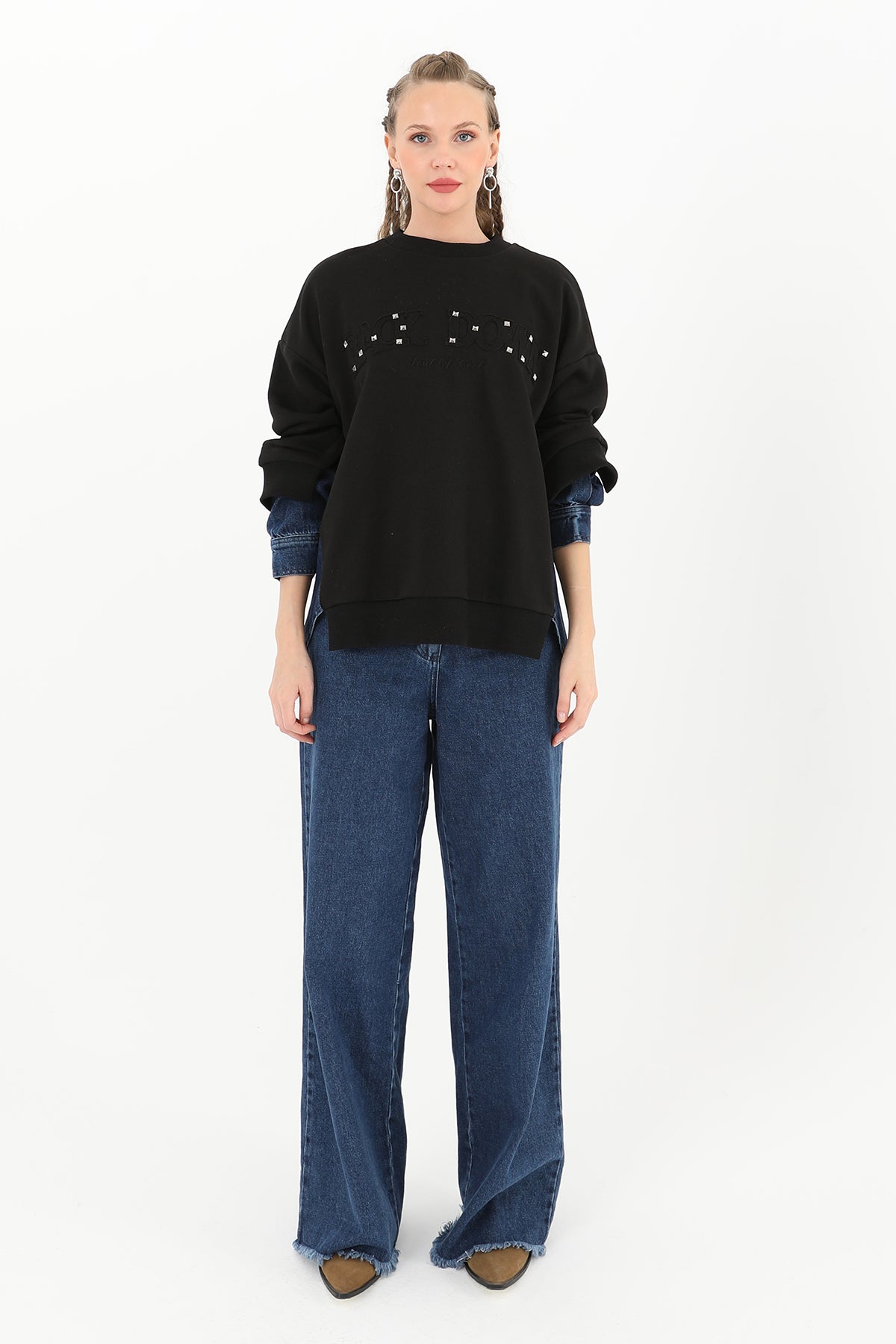 Kadın Kol Ucu Kot Detaylı Taş İşlemeli Sweatshirt - 31990SWT