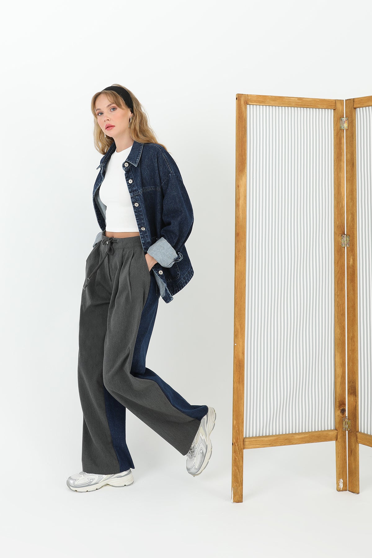 Kadın Arkası Kot Önü Triko Geçişli Geniş Paça Pantolon - 31991PNT