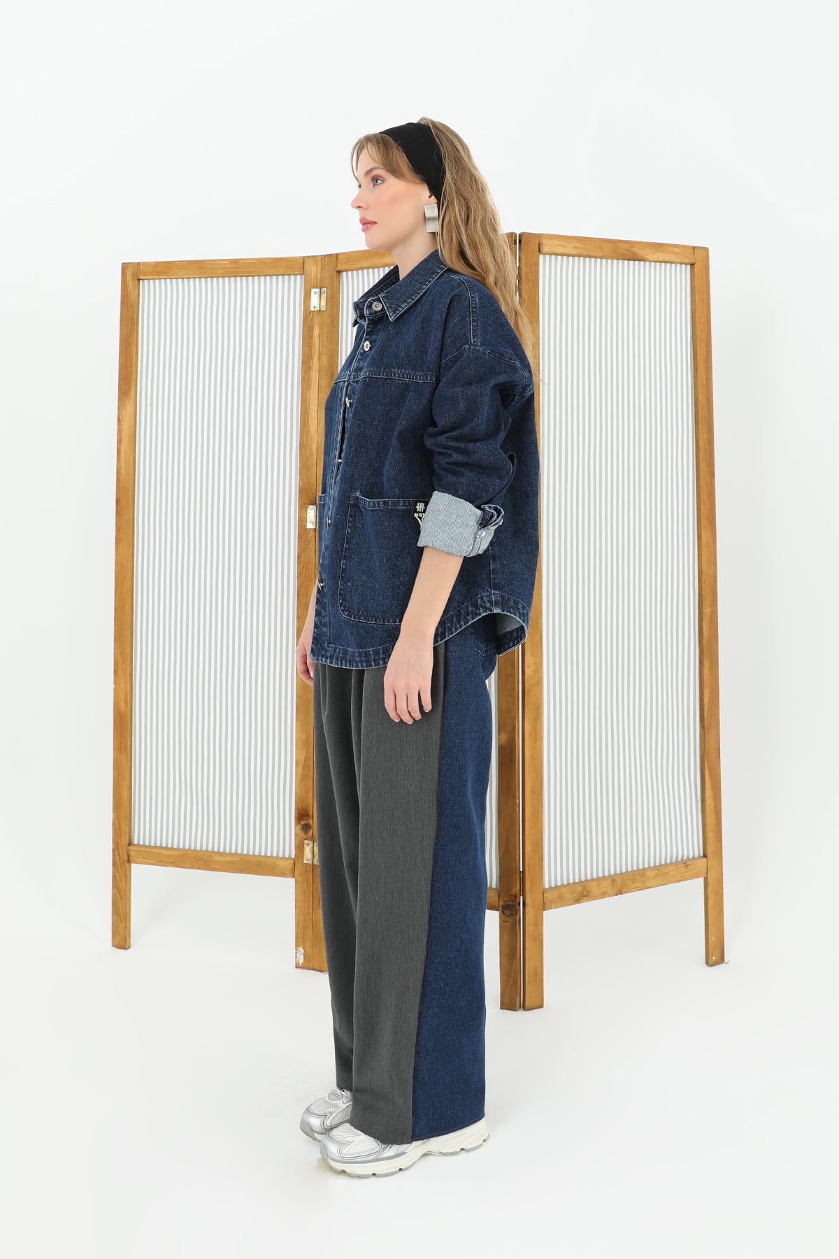 Kadın Arkası Kot Önü Triko Geçişli Geniş Paça Pantolon - 31991PNT